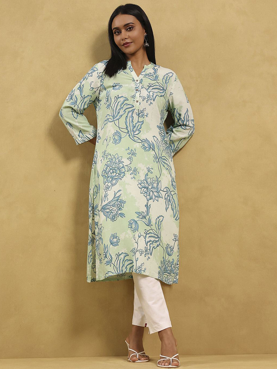Rangriti Floral Printed Beaded & Stones Studded Shirt Collar High-Low Kurta