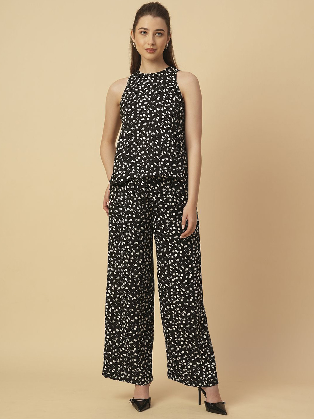 Chemistry Printed Boat Neck Top With Trousers Co-Ords