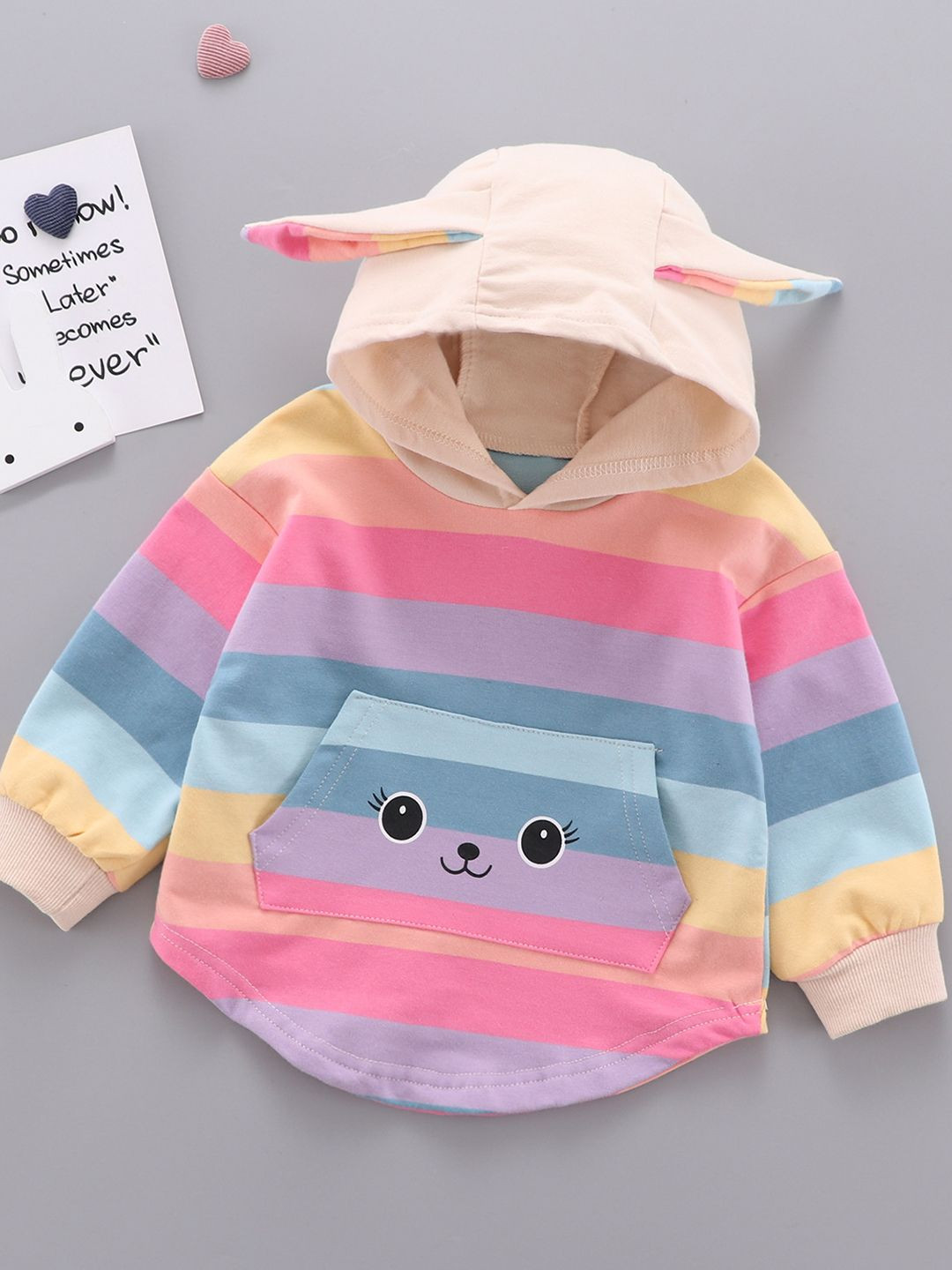 YK Girls Hood Striped Print Sweatshirt
