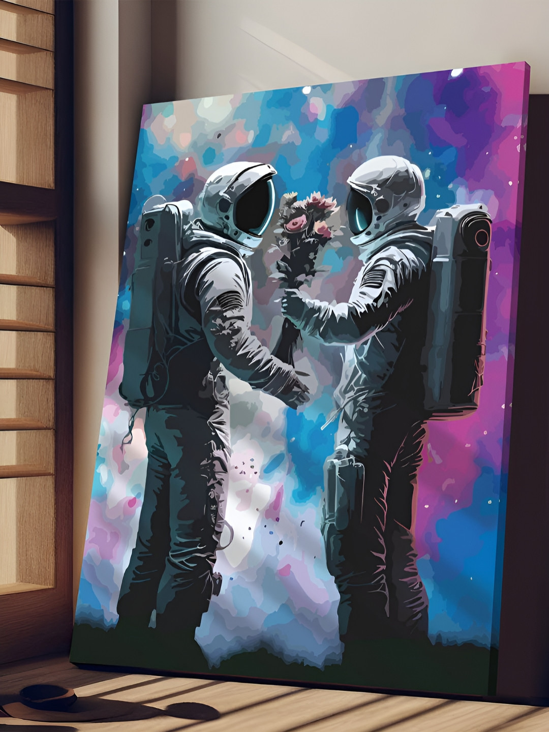 Myntra Elegant Homes Off White & Blue Space Astronaut Couple Graffiti Canvas Wall Art