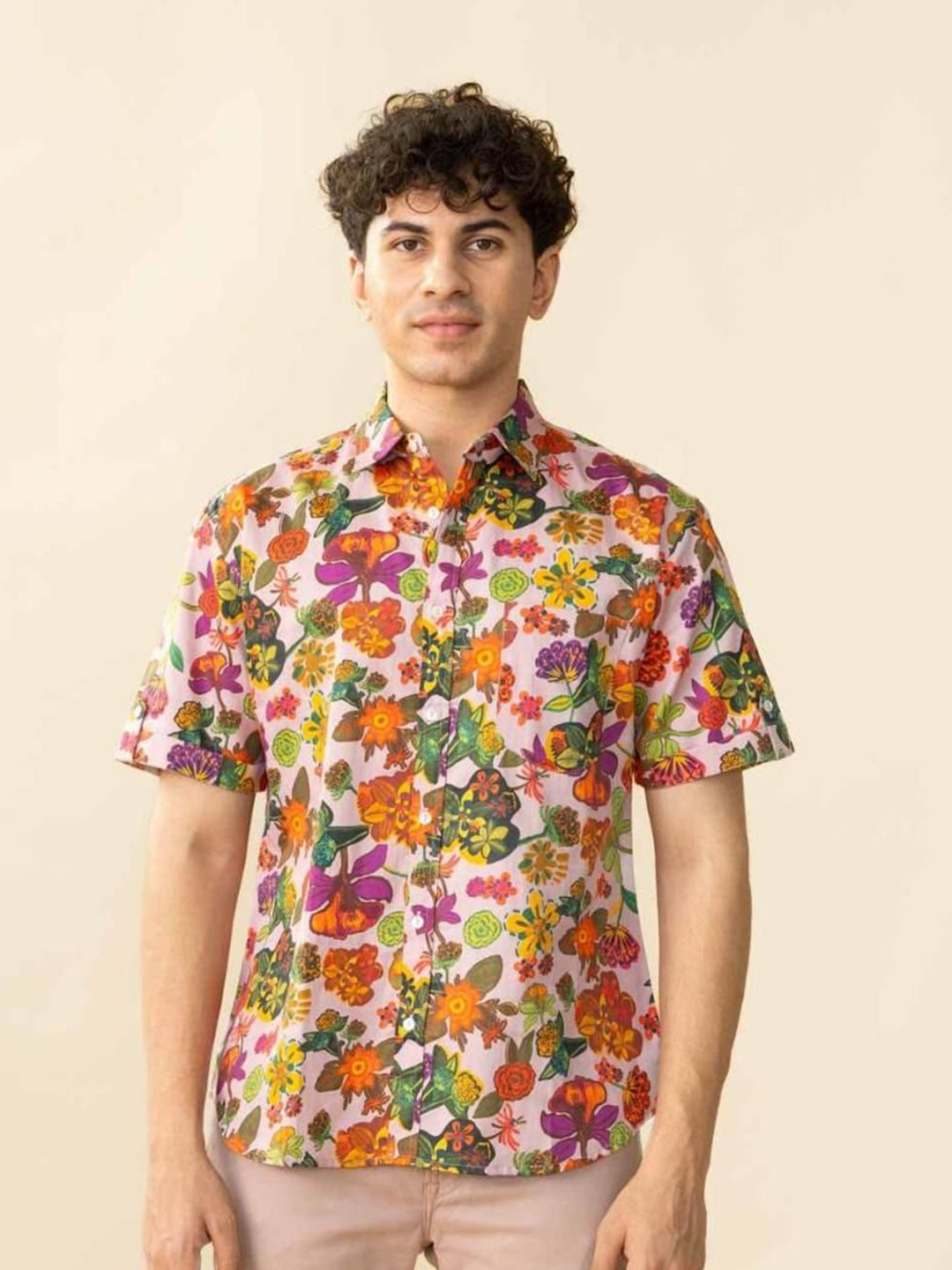 FREEDOM TREE Men Comfort Relaxed Fit Floral Printed Spread Collar Cotton Casual Shirt