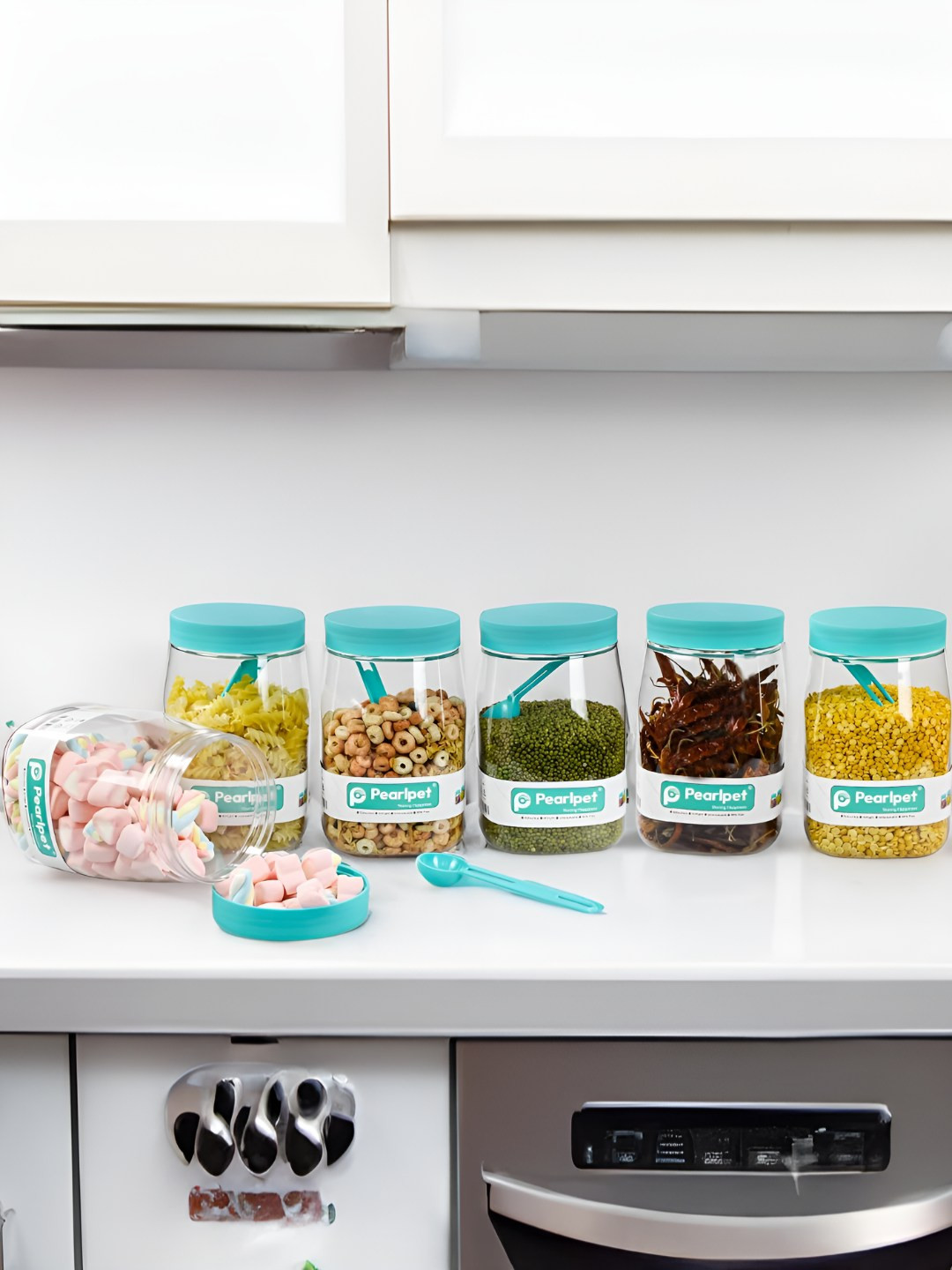 Pearlpet Set of 6 Green Plastic Easy to Clean Core Containers with Spoon - 2000ml