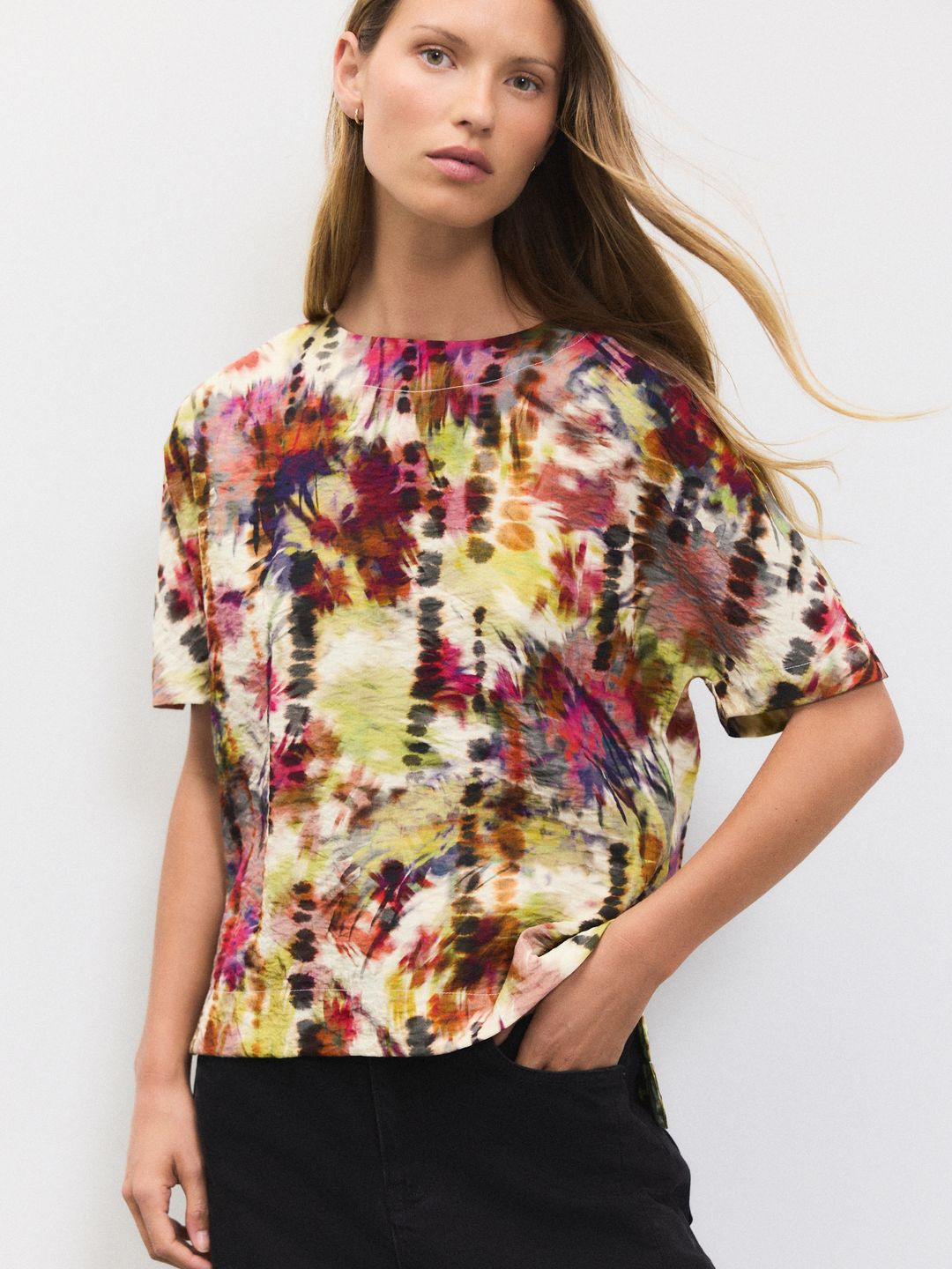 NEXT Abstract Print Gathered Detail Extended Sleeves High-Low Hem Top