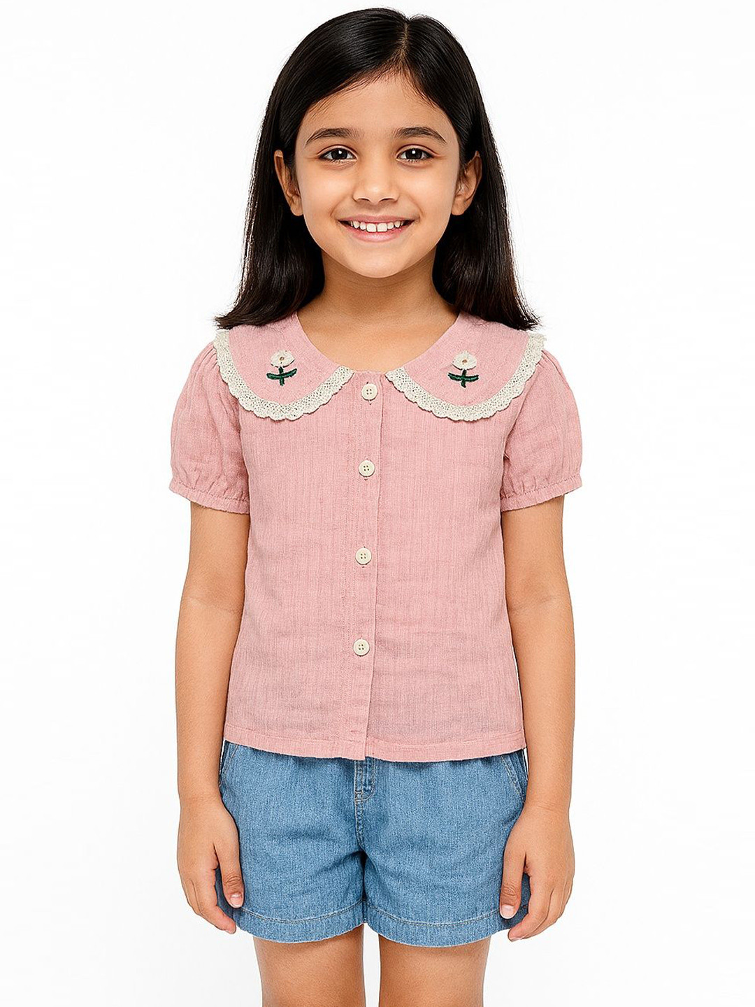 POP STREET KIDS Lilac Daisy Daydream Girls Embroidered Peter Pan Collar Top With Shorts