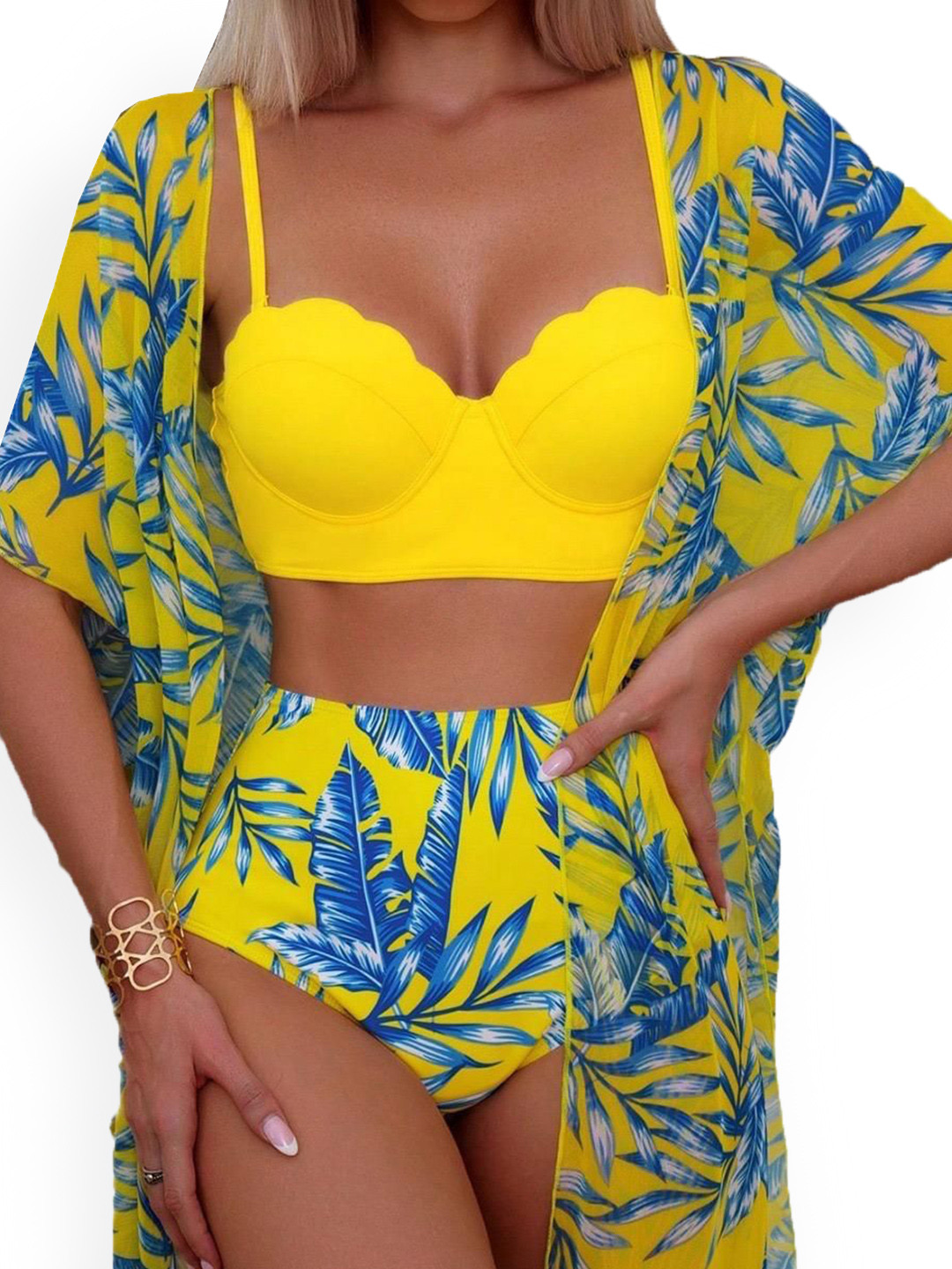 Miss Mosa By Akanksha  Shay Holiday Bikini Set With Cape In Yellow
