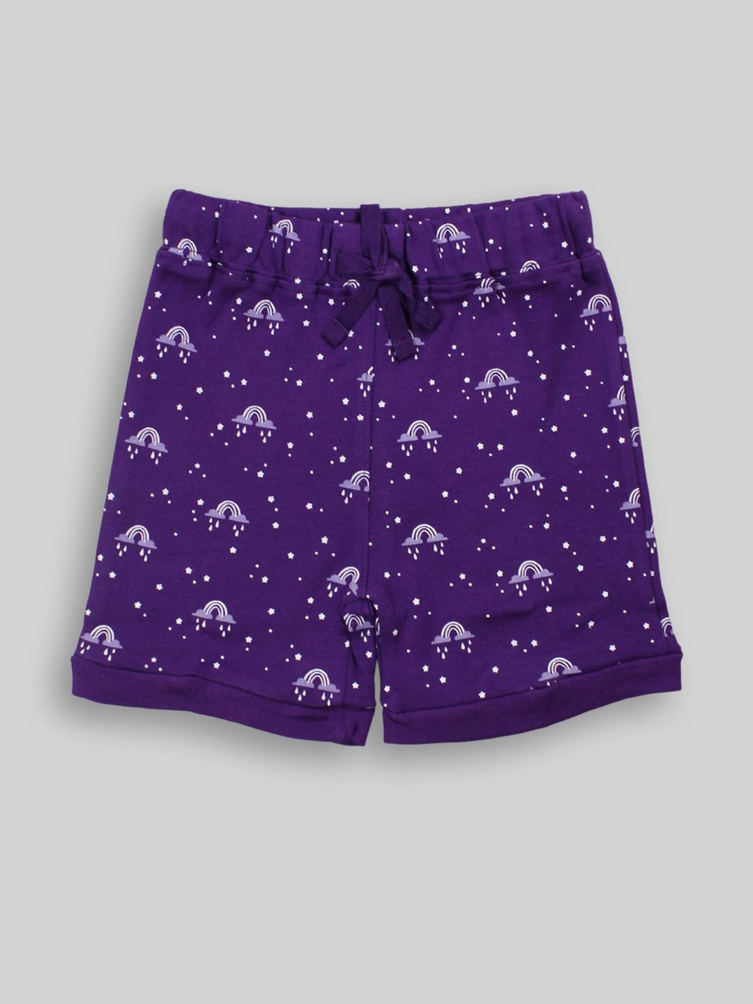 Awbabie Girls Blue & Lavender Cloudy Printed Cotton Mid-Rise Drawstring Shorts