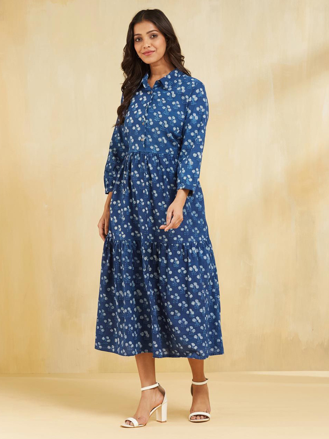 Fabindia Women Dabu Printed Shirt Collar Cotton Fit & Flare Midi Dress