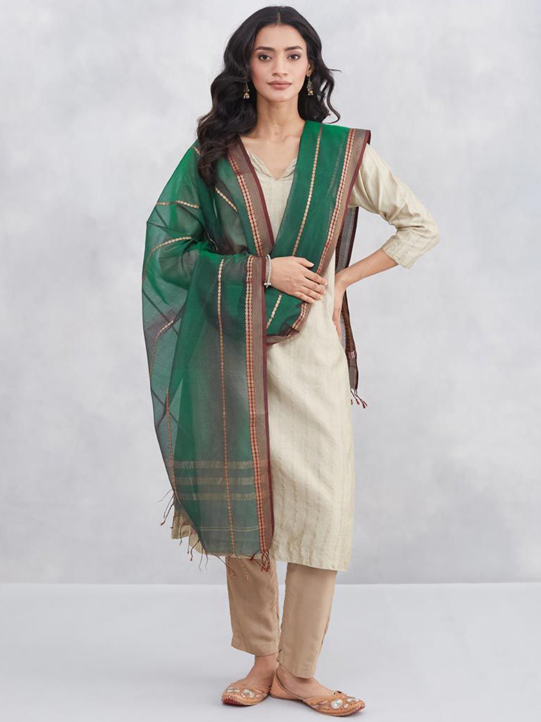Fabindia Ethnic Motifs Woven Design Zari Cotton Silk Dupatta