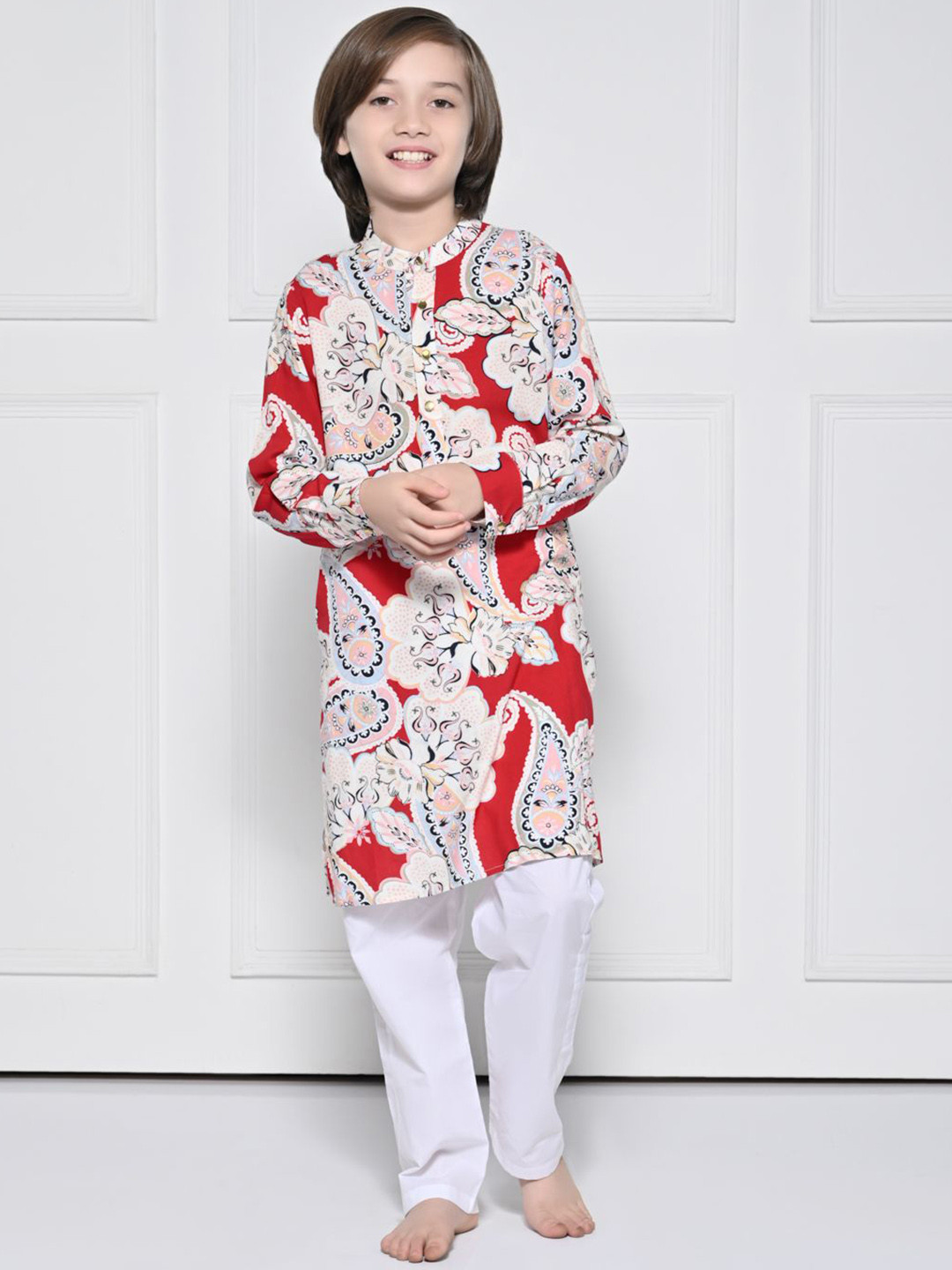 THE PONY & PEONY CO. Boys Paisley Printed Band Collar Straight Kurta With Pyjama