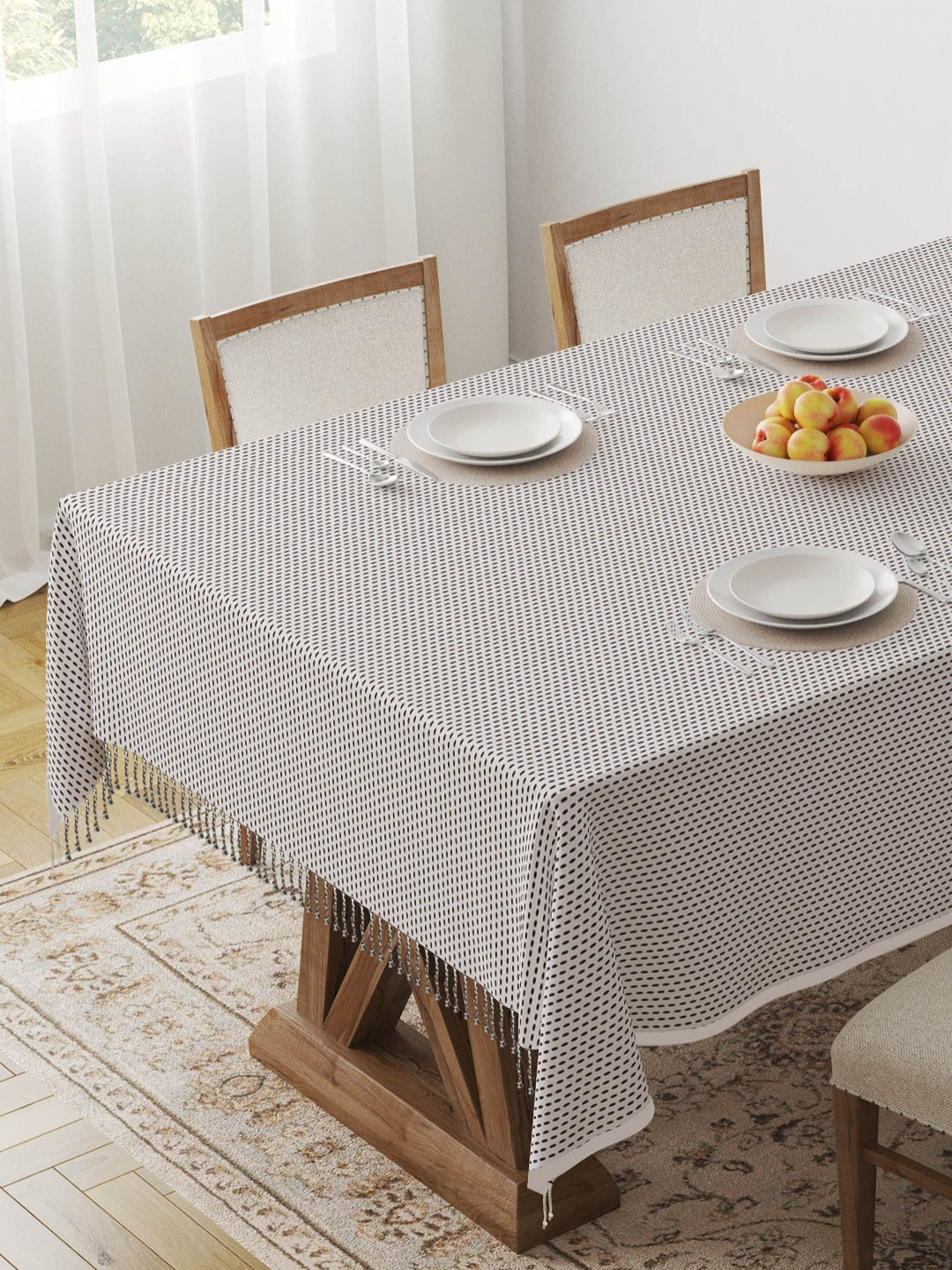 HOME COLORS.IN Brown & White Chunky Striped Cotton 4-Seater Table Cover with Fringes