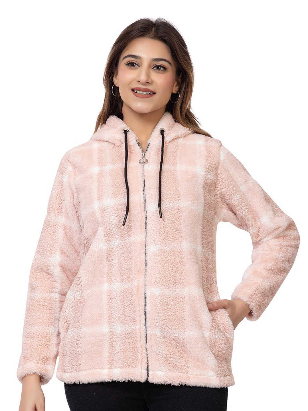 LO G LO Women Checked Hooded Sweatshirt