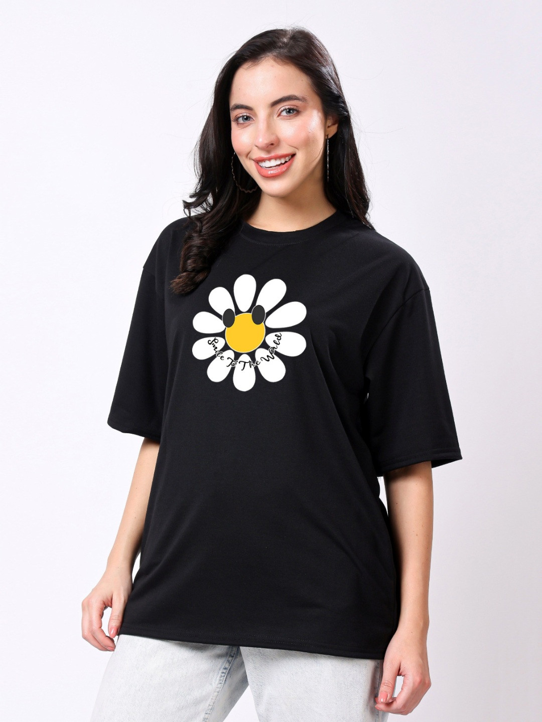 TQH Graphic Printed Round Neck Drop-Shoulder Sleeves Oversized Cotton T-shirt