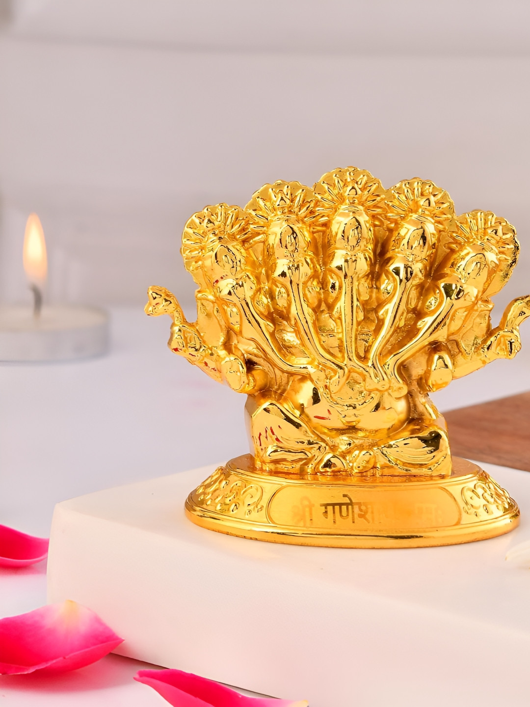 Ascension Gold-Toned Metal Panchmukhi Lord Ganesha For Car Deskboard Showpiece