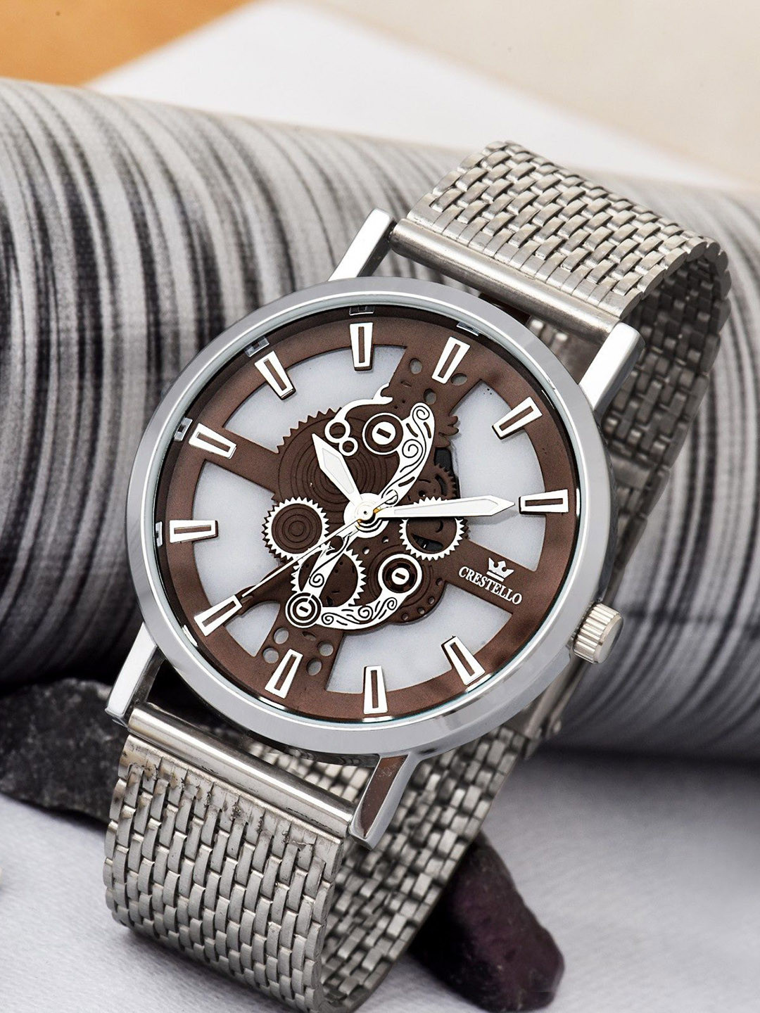 CRESTELLO Men Skeleton Dial & Bracelet Style Straps Analogue Watch CR-WT246-BRW-CH