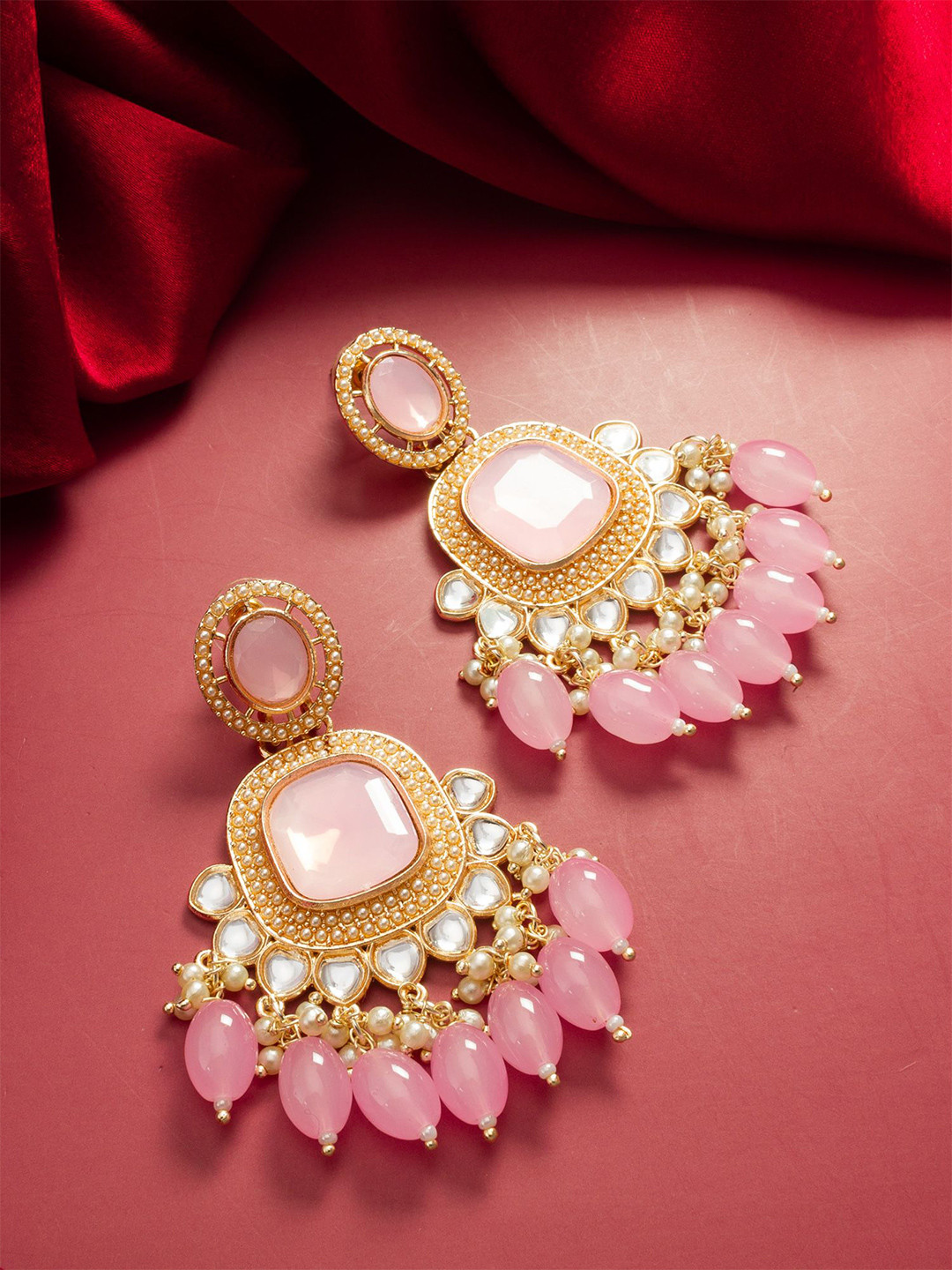 Anouk Gold Plated Kundan Studded And Pearls Beaded Square Shaped Drop Earrings