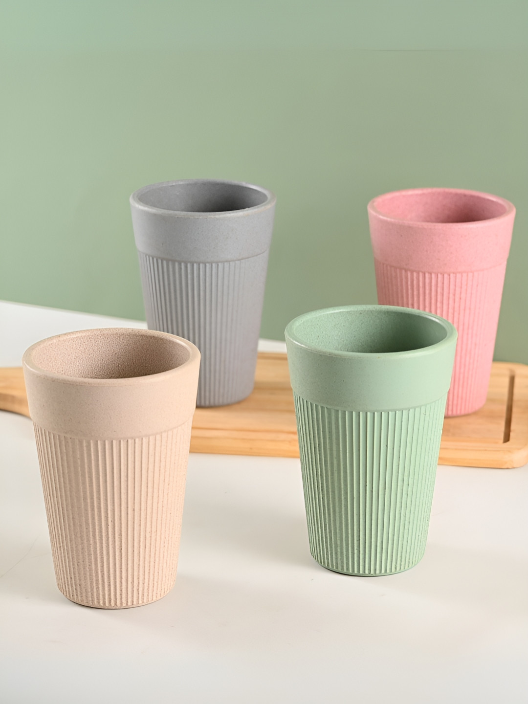 eha Pink And Green 4 Pieces Striped Matte Cups-350 ml Each
