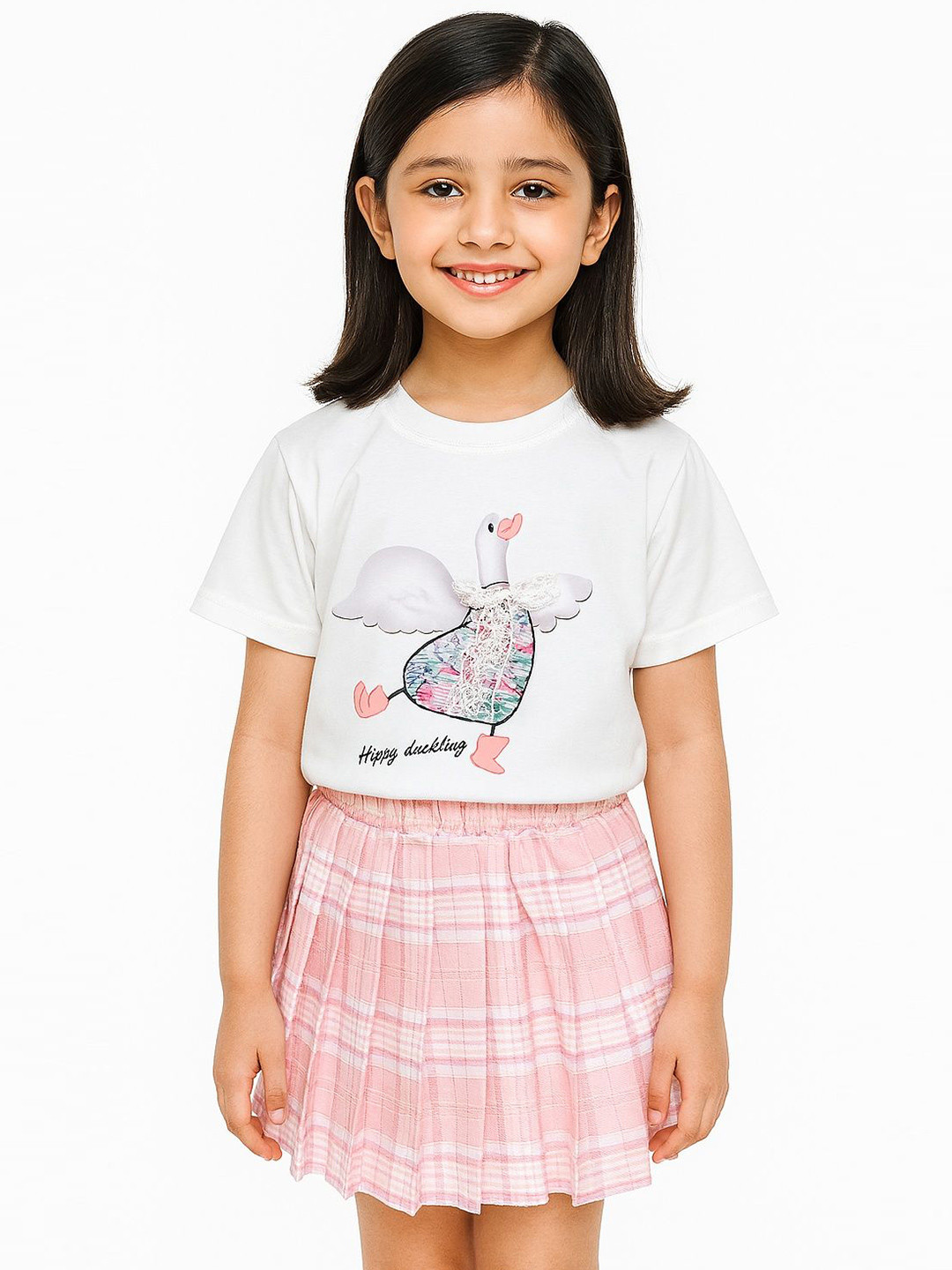 POP STREET KIDS Duckling DayDream Girls Printed Round Neck T-shirt With Skirt