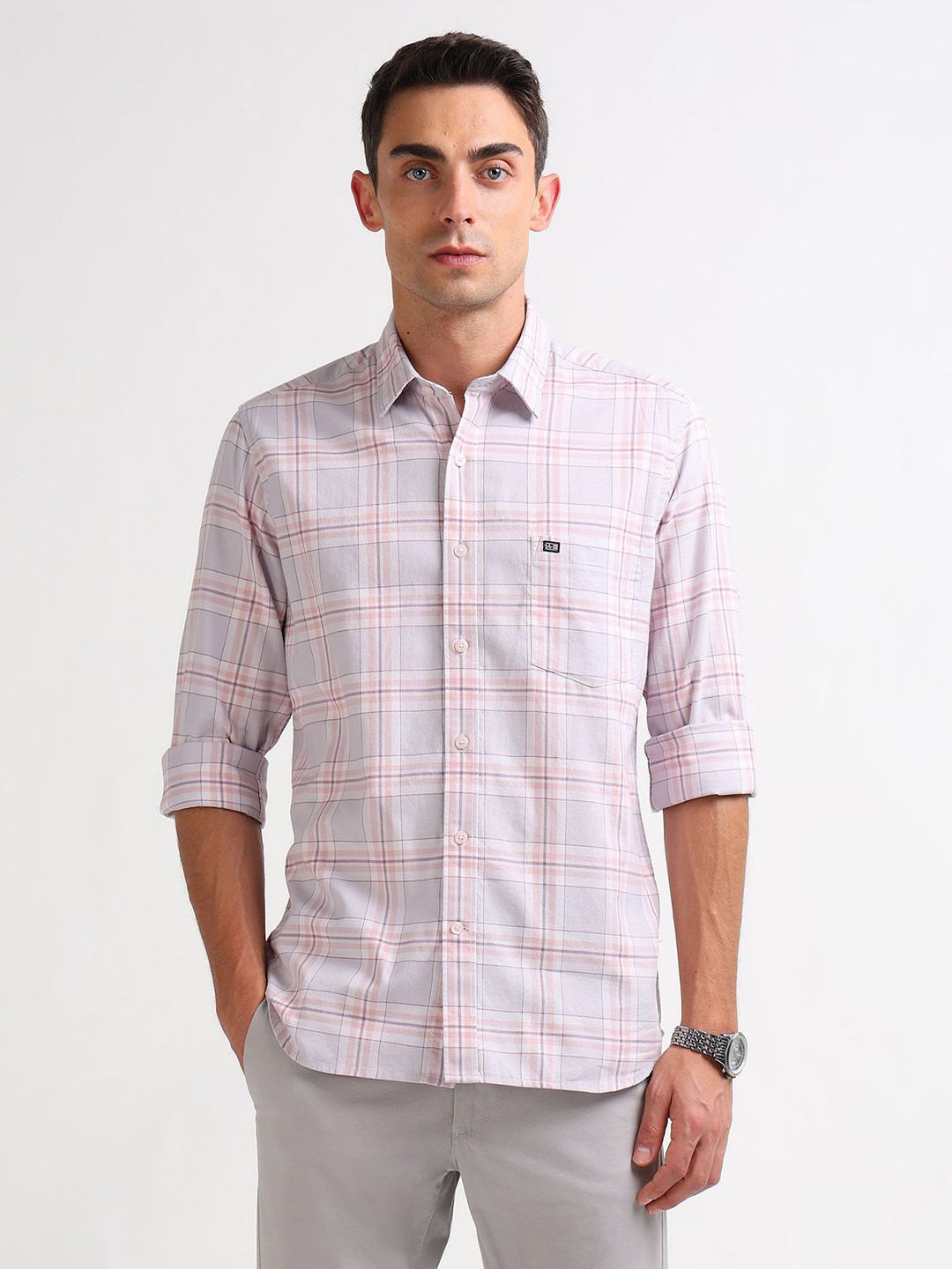 Arrow Sport Grid Tattersall Checked Spread Collar Chest Pocket Cotton Casual Shirt
