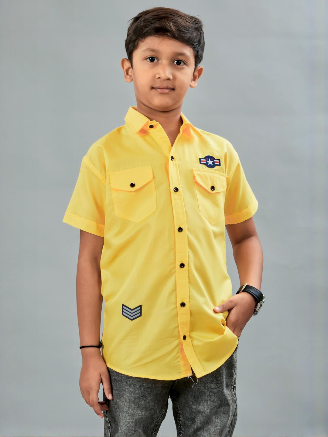 Qurobri Boys Solid Yellow Double Pocket Casual Shirt