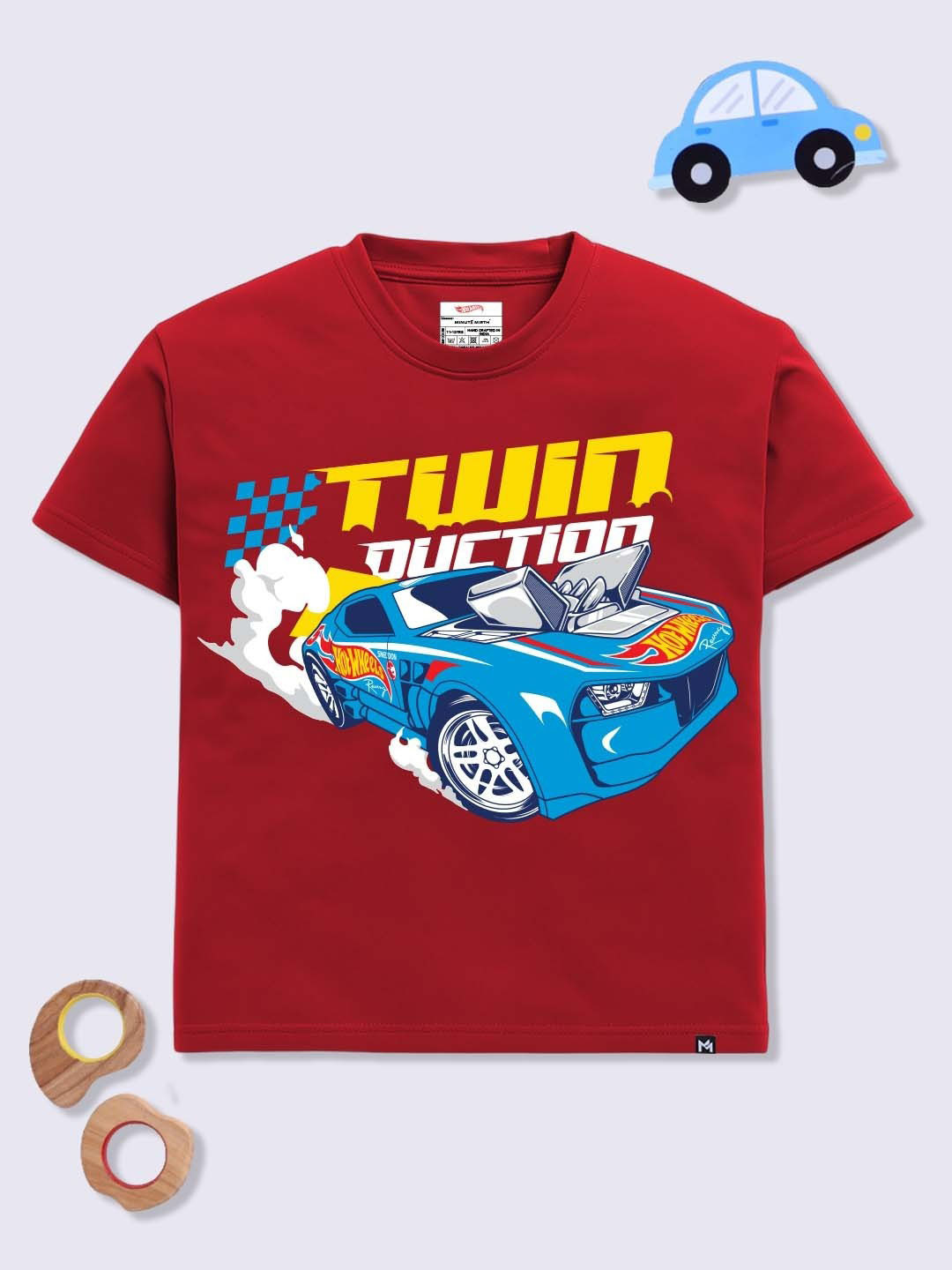 YK X Minute Mirth Boys Hot Wheels Printed Pure Cotton Drop-Shoulder Sleeves T-shirt
