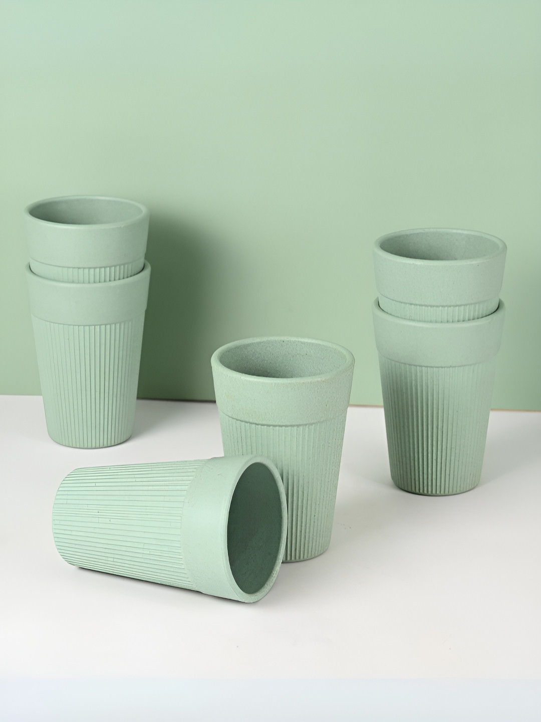 eha Green 6 Pieces Striped Matte Cups-350 ml Each