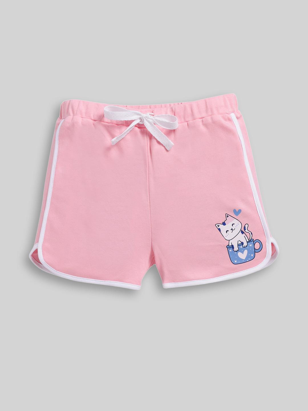 Awbabie Girls Pink Solid With Cat Printed Shorts