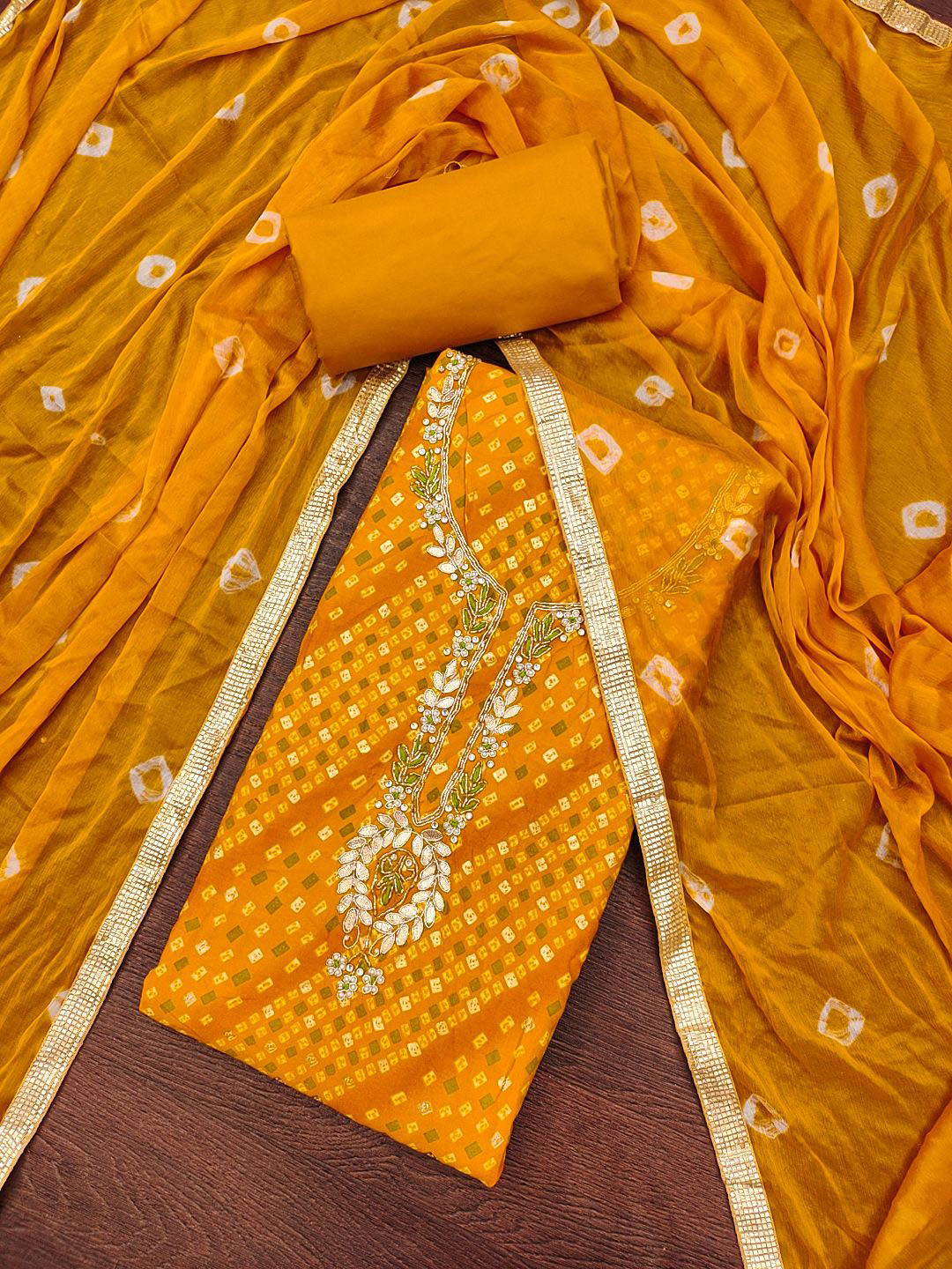 Maroosh Bandhani Printed Gotta Patti Jam Cotton Unstitched Dress Material