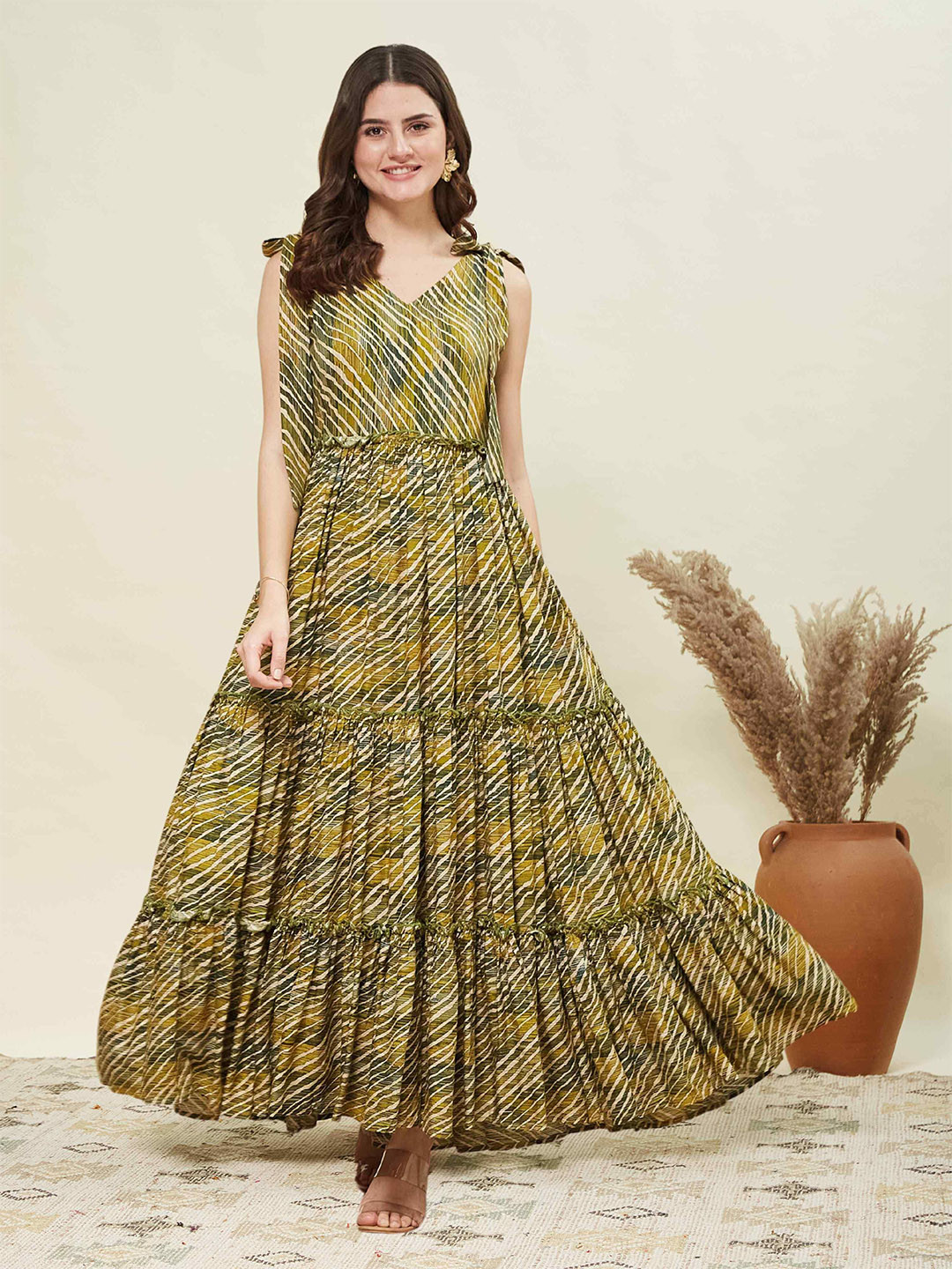 YANAMORA Women Leheriya Printed Layered Fit & Flare Maxi Dress