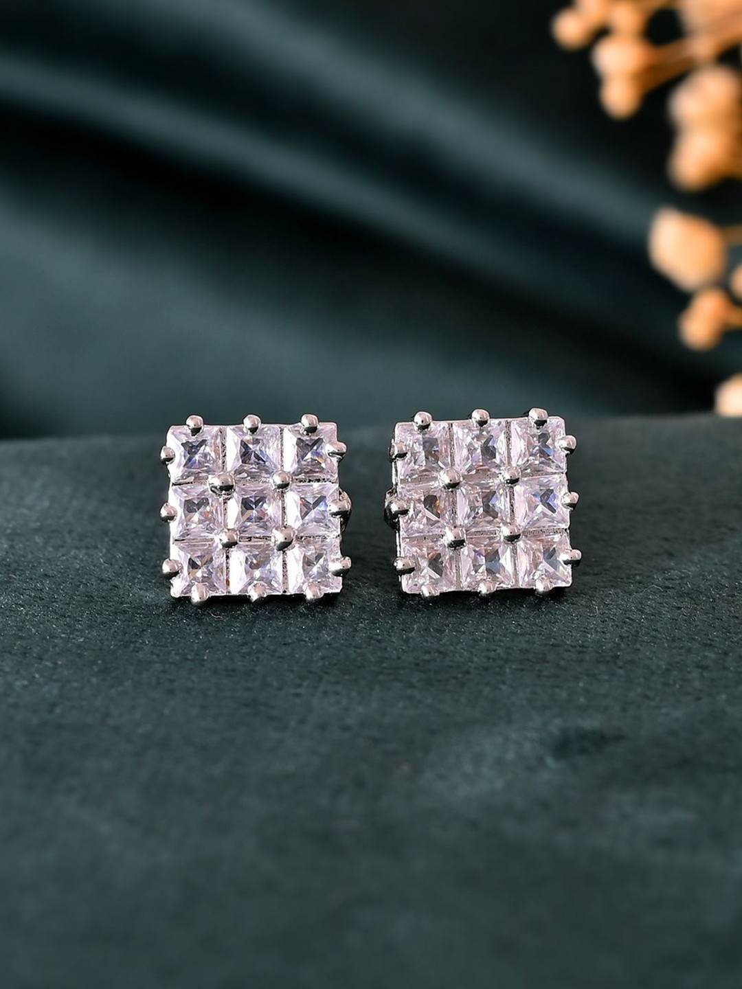 Silvermerc Designs Silver-Plated Square Shaped American Diamond Studded Studs Earrings