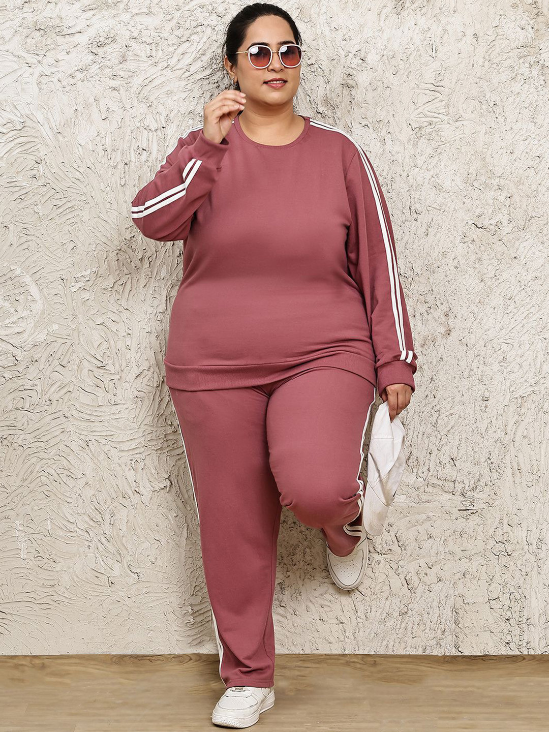 UnaOne Plus Size Side Striped Pure Cotton Relaxed-Fit T-Shirt & Trousers Co-Ord Set