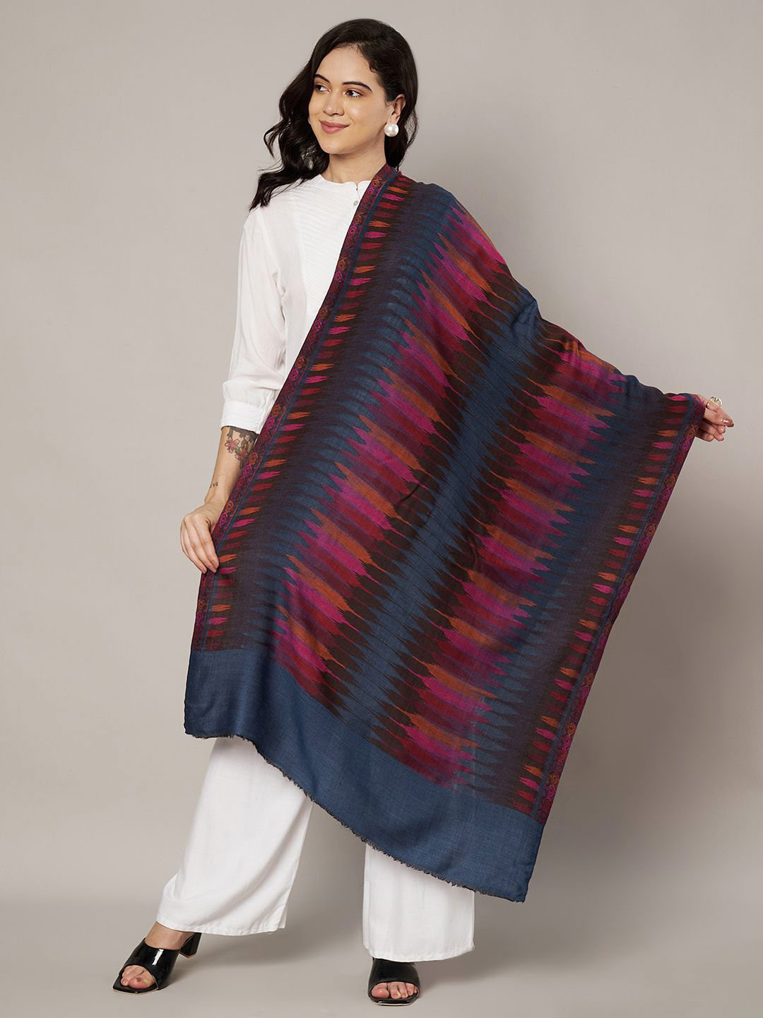 MUFFLY Women Ikat Inspired Woven Design Stole with Frayed Border