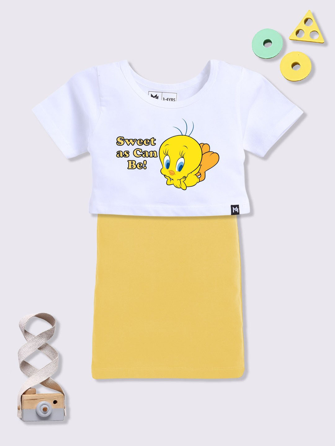 YK X Minute Mirth Girls Tweety Print Dress with T-shirt