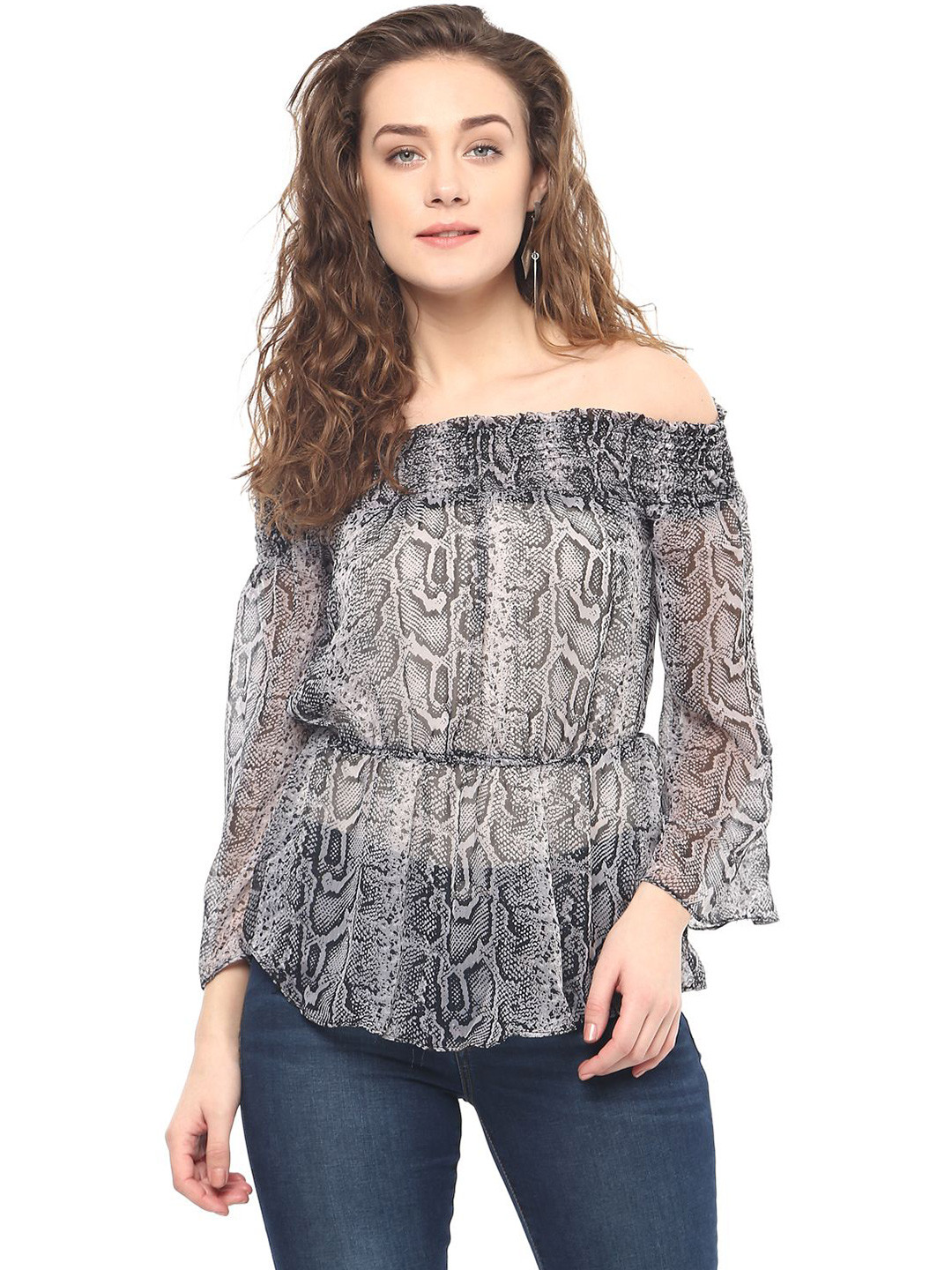 R.Code by The Roadster Life Co. Women Animal Printed Off-Shoulder Flared Sleeve Top