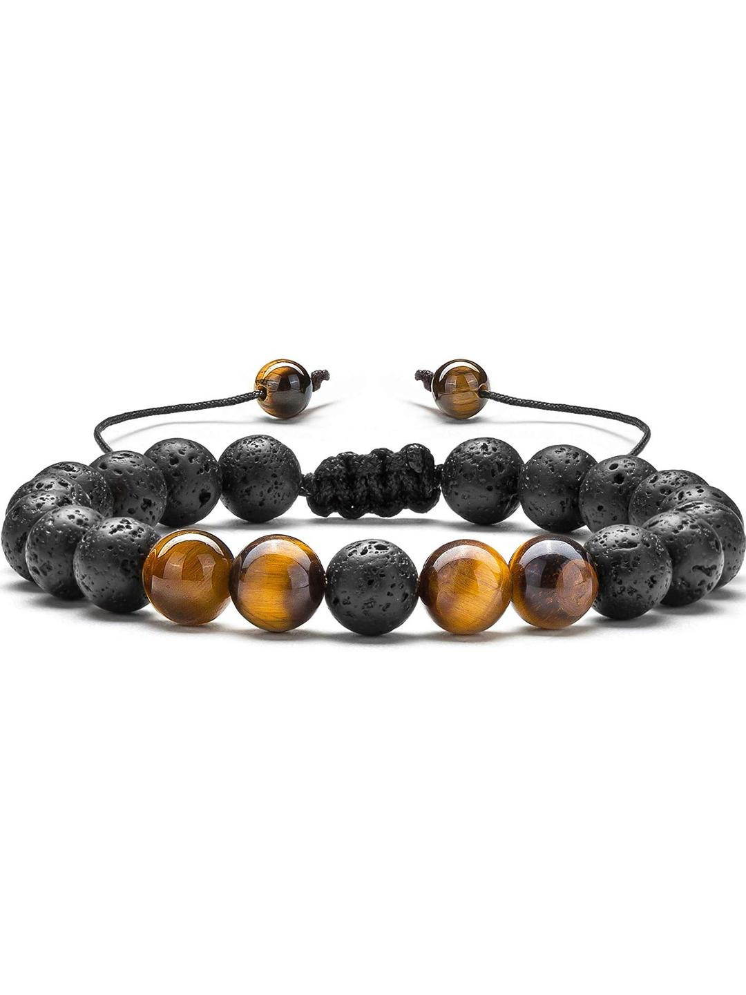 EDMIRIA Unisex Brown & Black Beads Wood Drawstring Bracelet