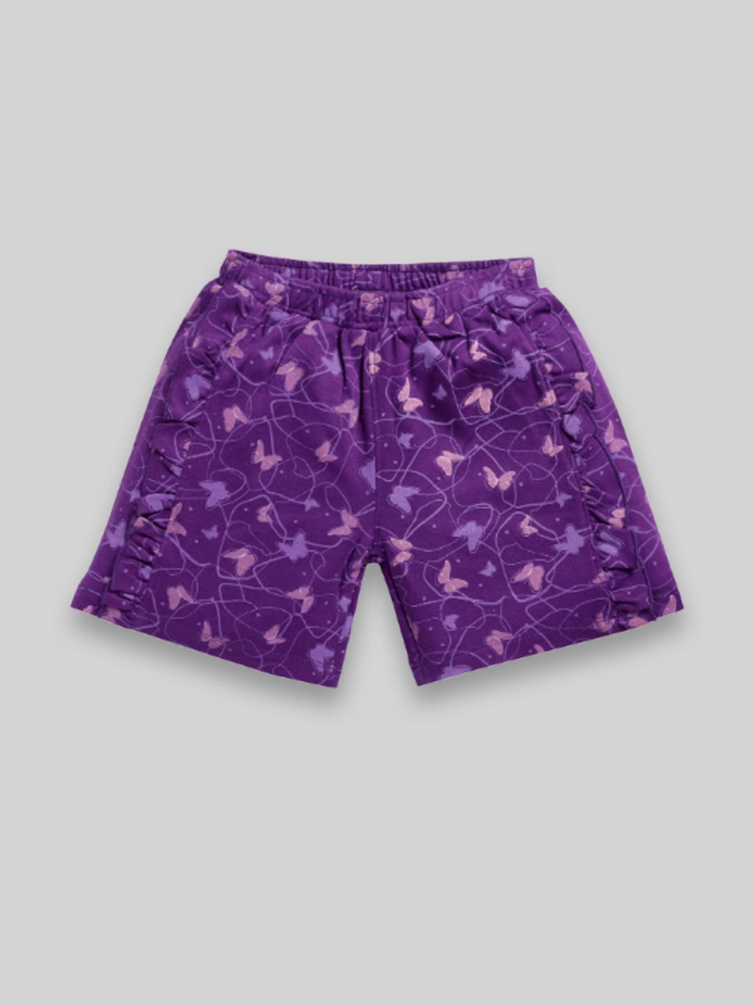Awbabie Girls Blue & Purple Butterfly Printed Cotton Mid-Rise Shorts