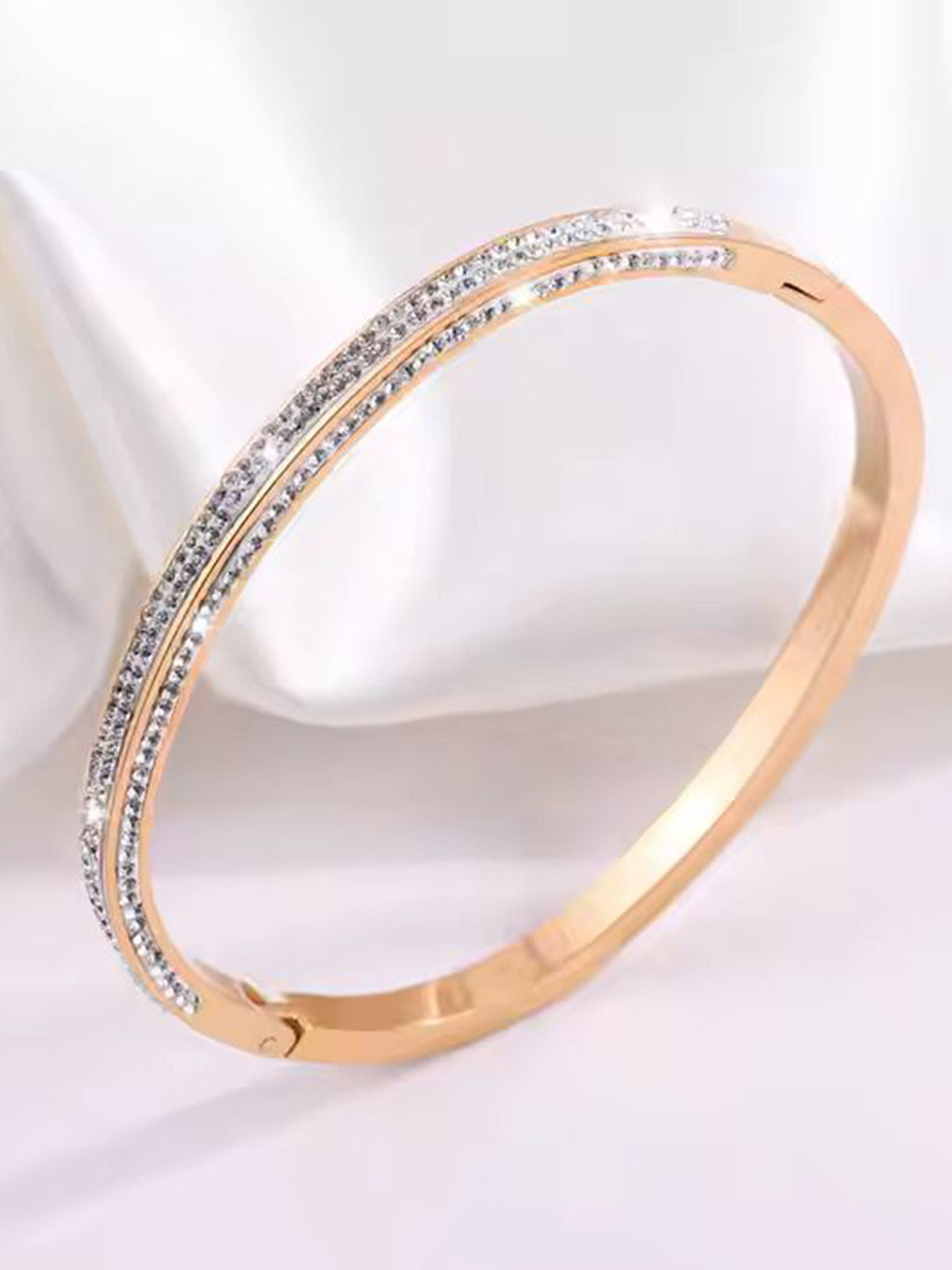 STYOLLO Stainless Steel Rose Gold-Plated Artificial Stones Studded Bangle Style Bracelet
