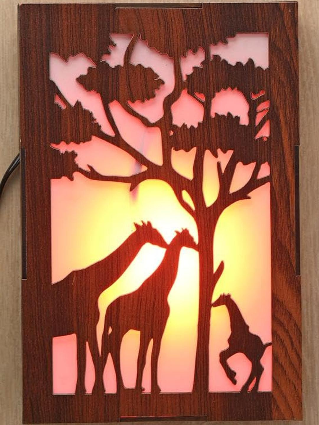 SOMIL Brown Wood Carved Rectangle Shaped Multi Colored Light Lamp