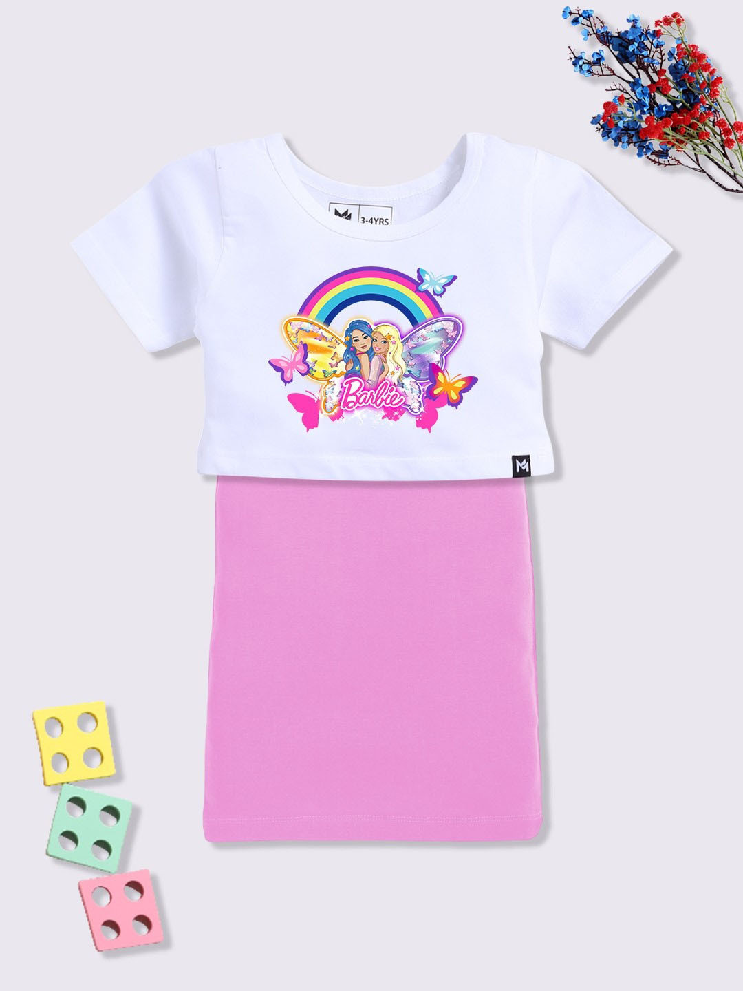 YK X Minute Mirth Girls Barbie Print Dress with T-shirt