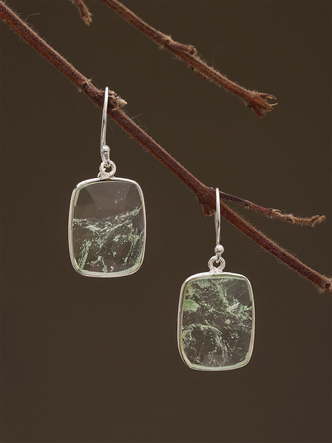 Exotic India Sterling Silver Faceted Aqua Crackle Square Drop Earrings