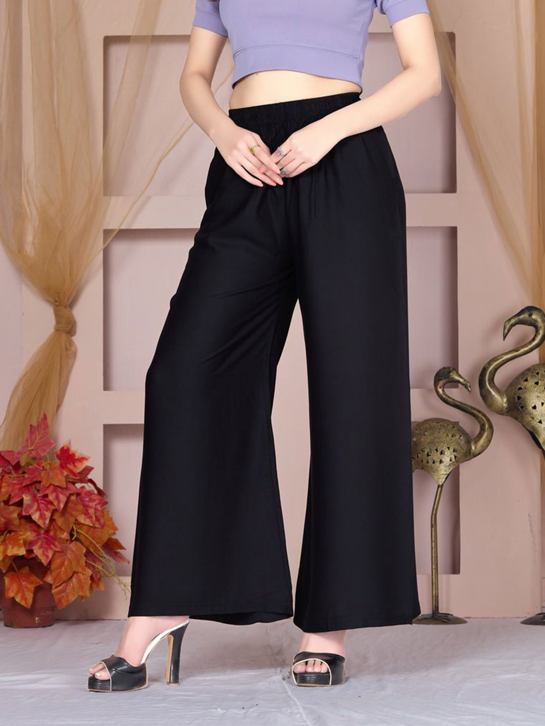 Vivika Women Solid Relaxed Fit Flared Palazzos with Pockets