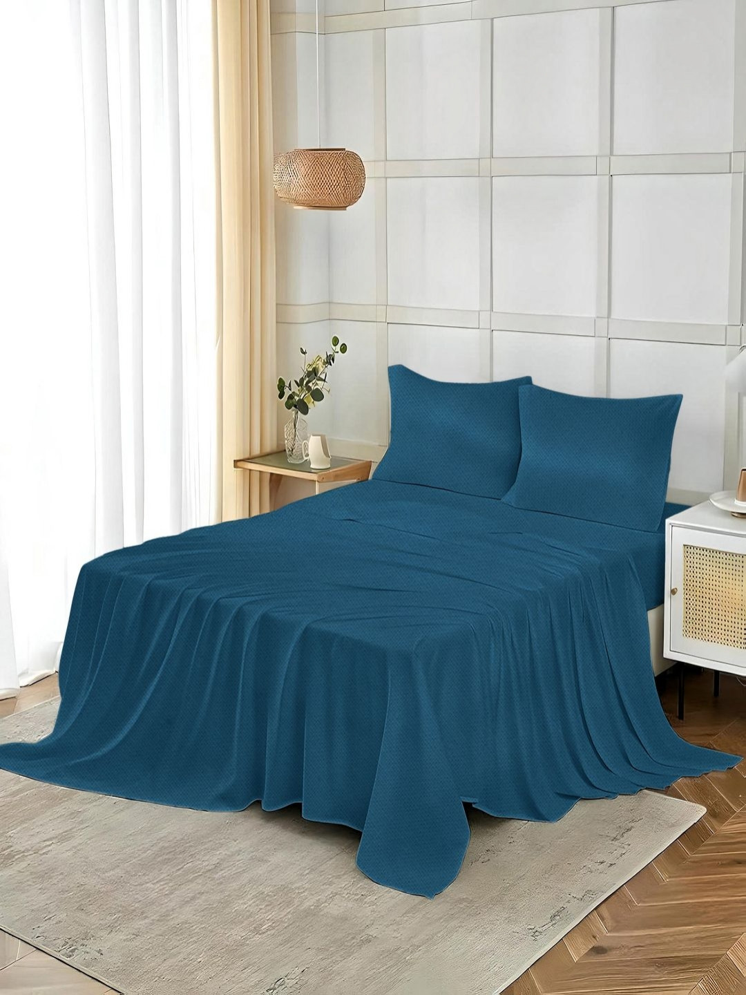 Threadwear Essential Series Blue Cotton 400 TC Super King Bedsheet Set-2.75 m x 2.75 m