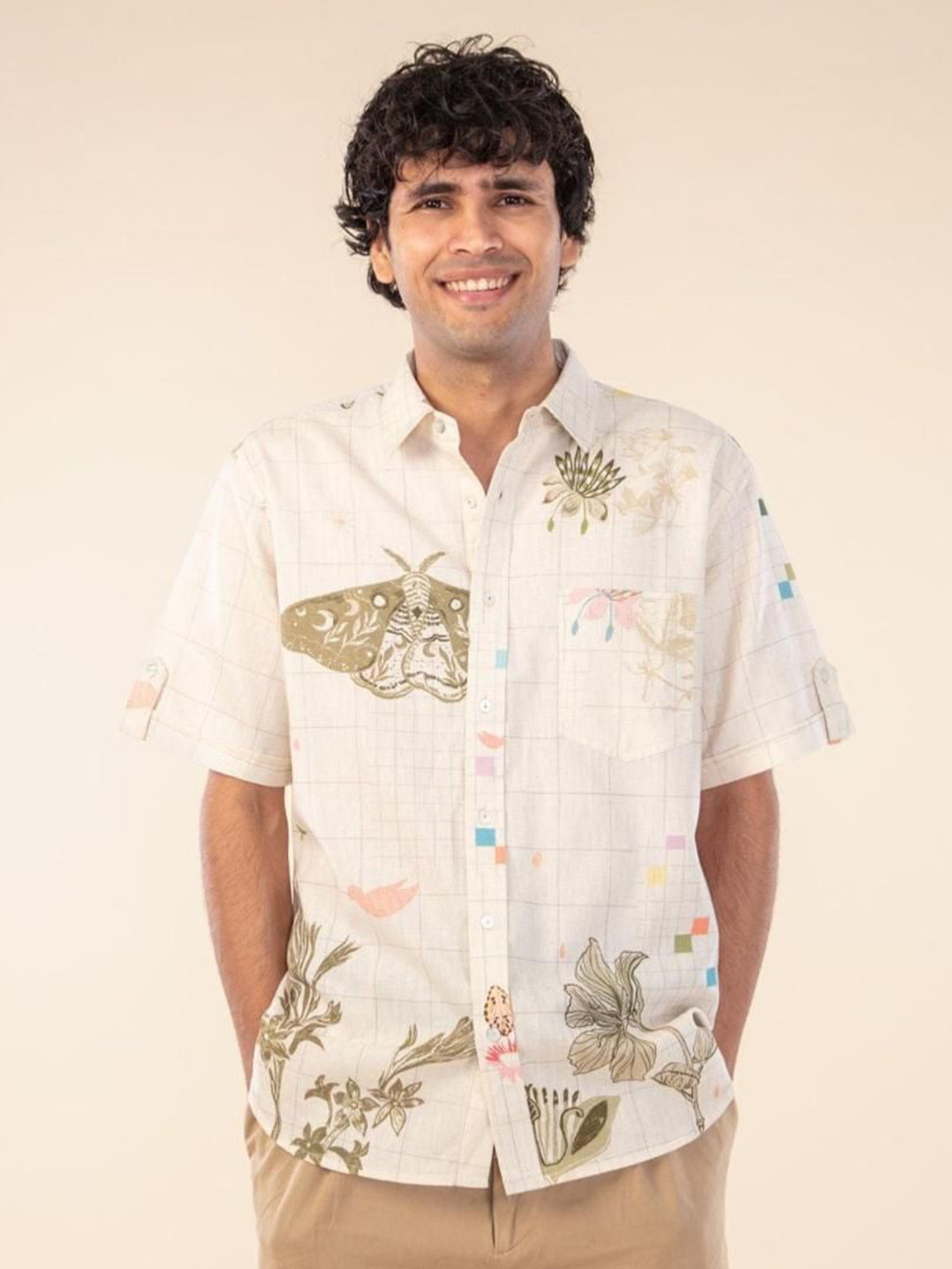 FREEDOM TREE Men Comfort Relaxed Fit Floral Printed Spread Collar Cotton Casual Shirt