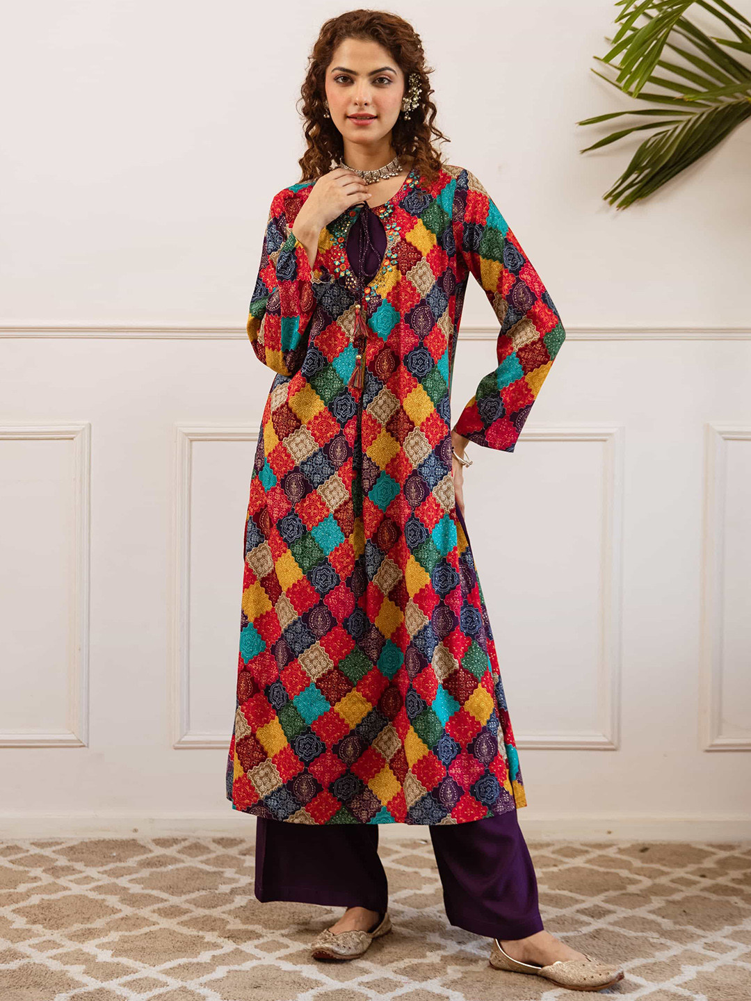 Spera Geometric Printed Mirror Work A-Line Kurta With Palazzos