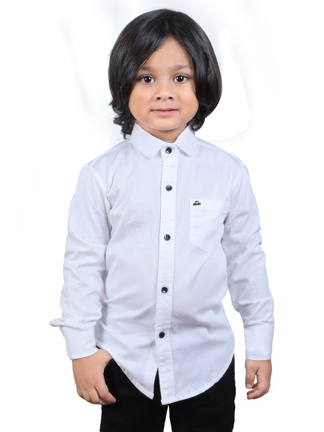 Qurobri Boys White Solid Full Sleeve Cotton Spread Collar Shirt With Chest Pocket