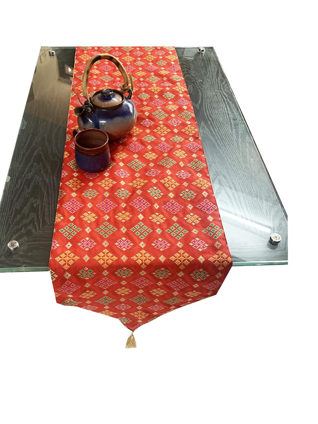 Pink Parrot Multi Color Ethnic Motifs Polyester Jacquard silk table runner