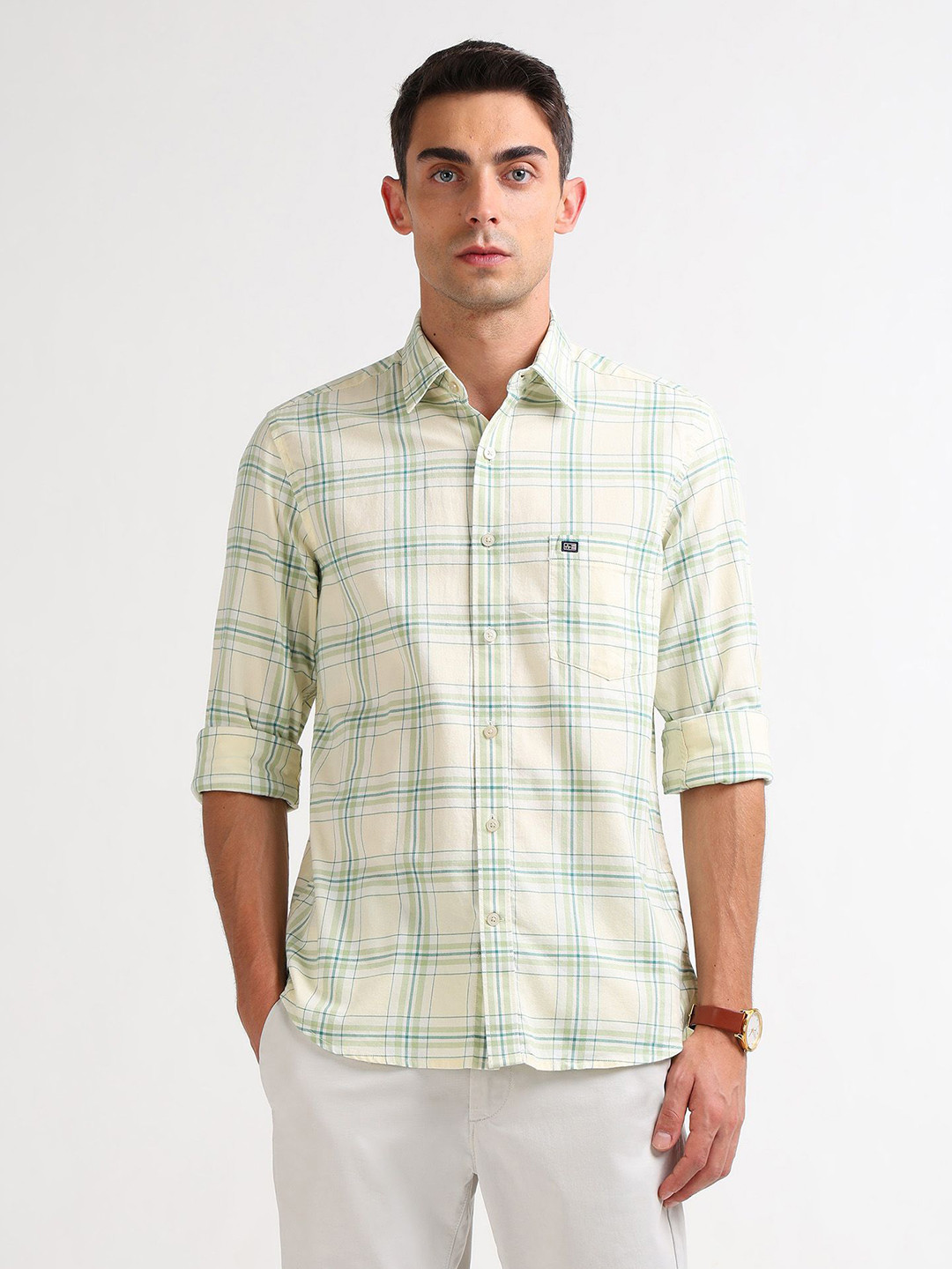 Arrow Sport Grid Tattersall Checked Spread Collar Chest Pocket Cotton Casual Shirt