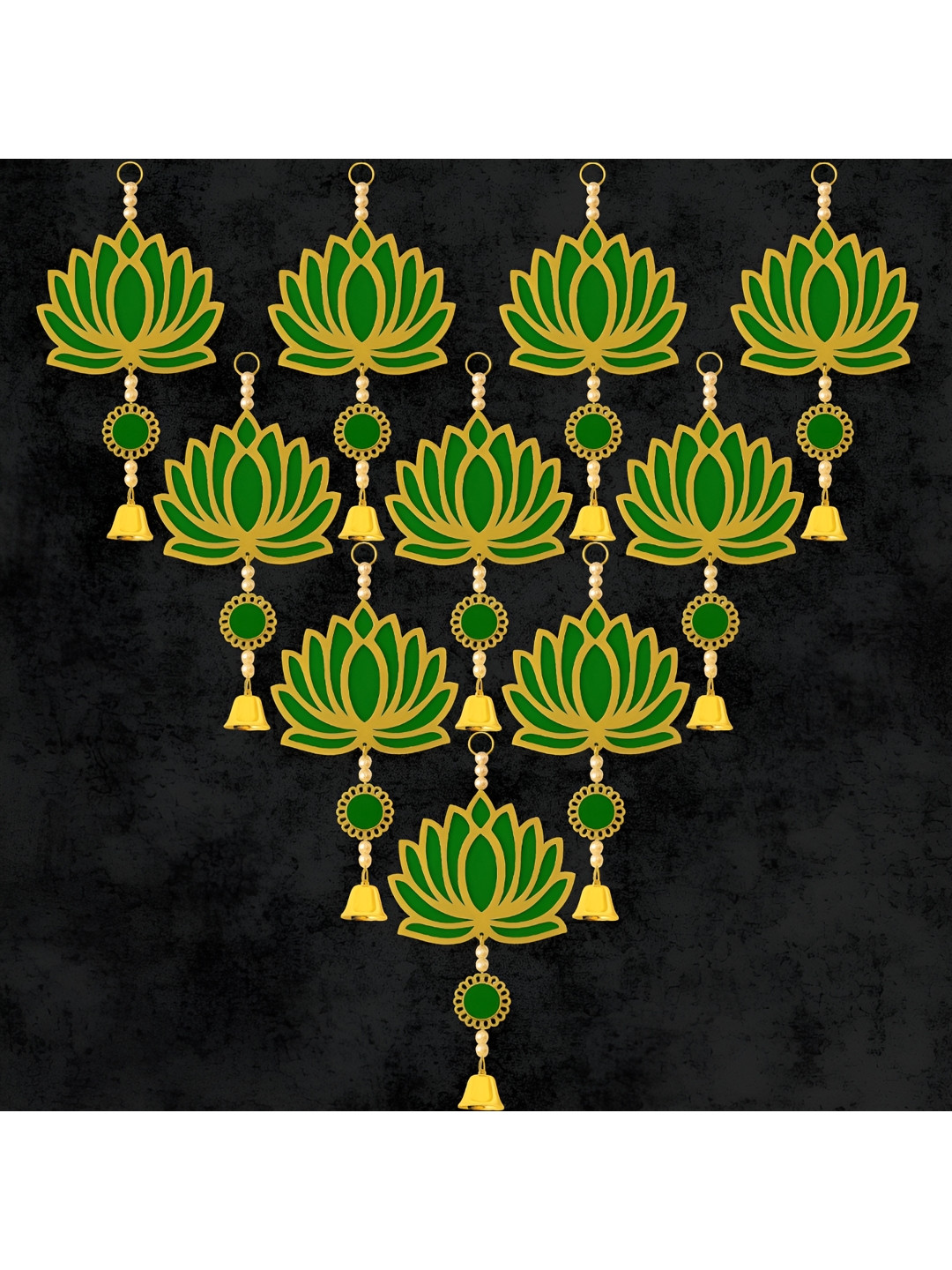 Panchhi Store Set Of 10 Wood Lotus Toran With Bells