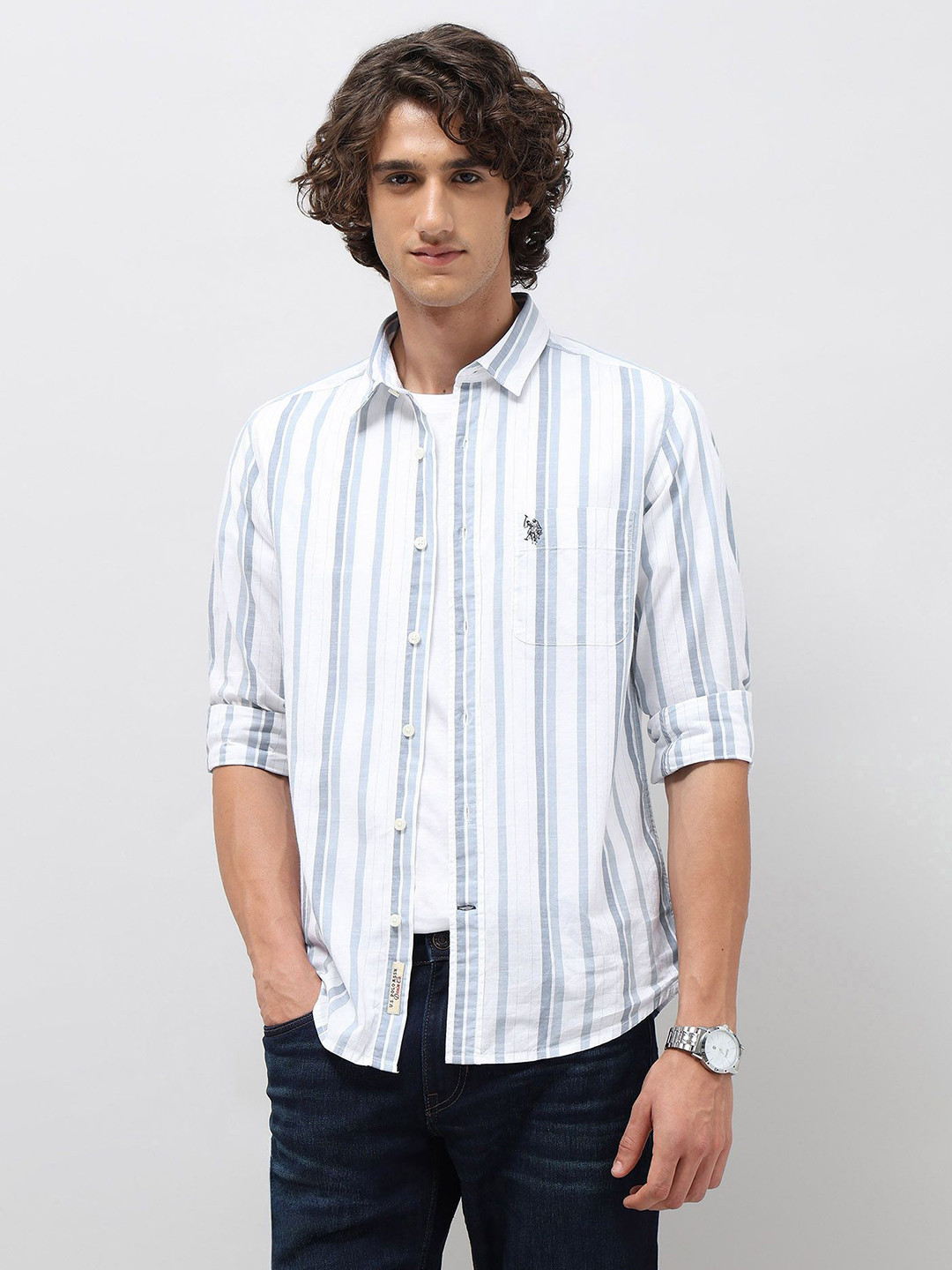 U.S. Polo Assn. Denim Co. Men Slim Fit Blue Striped Shirt - Image 1