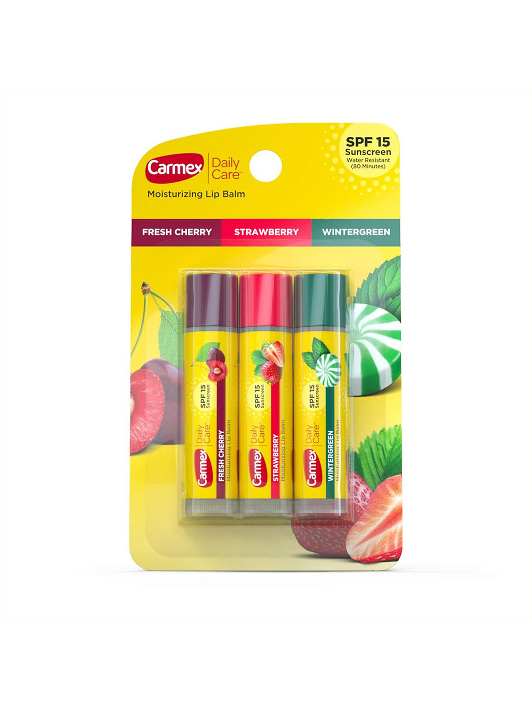 CARMEX Set Of 3 Daily Care Fresh Cherry, Strawberry & Wintergreen Lip Balm - 4.25 g Each