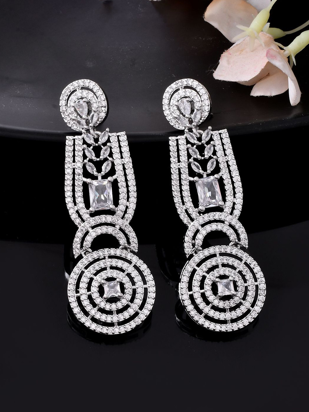 Silvermerc Designs Silver-Plated American Diamond Circular Shaped Drop Earrings